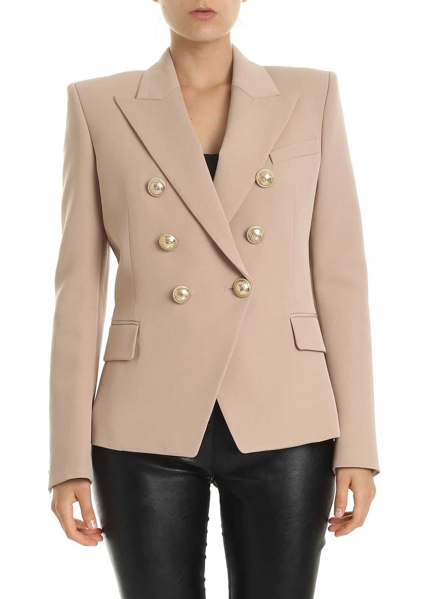 Balmain Double-Breasted Blazer In Nude Color Virgin Wool Pink