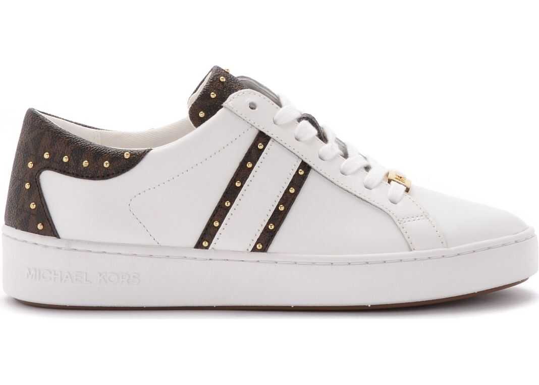 Michael Kors Keaton Sneaker In White Leather And Branded Details Brown