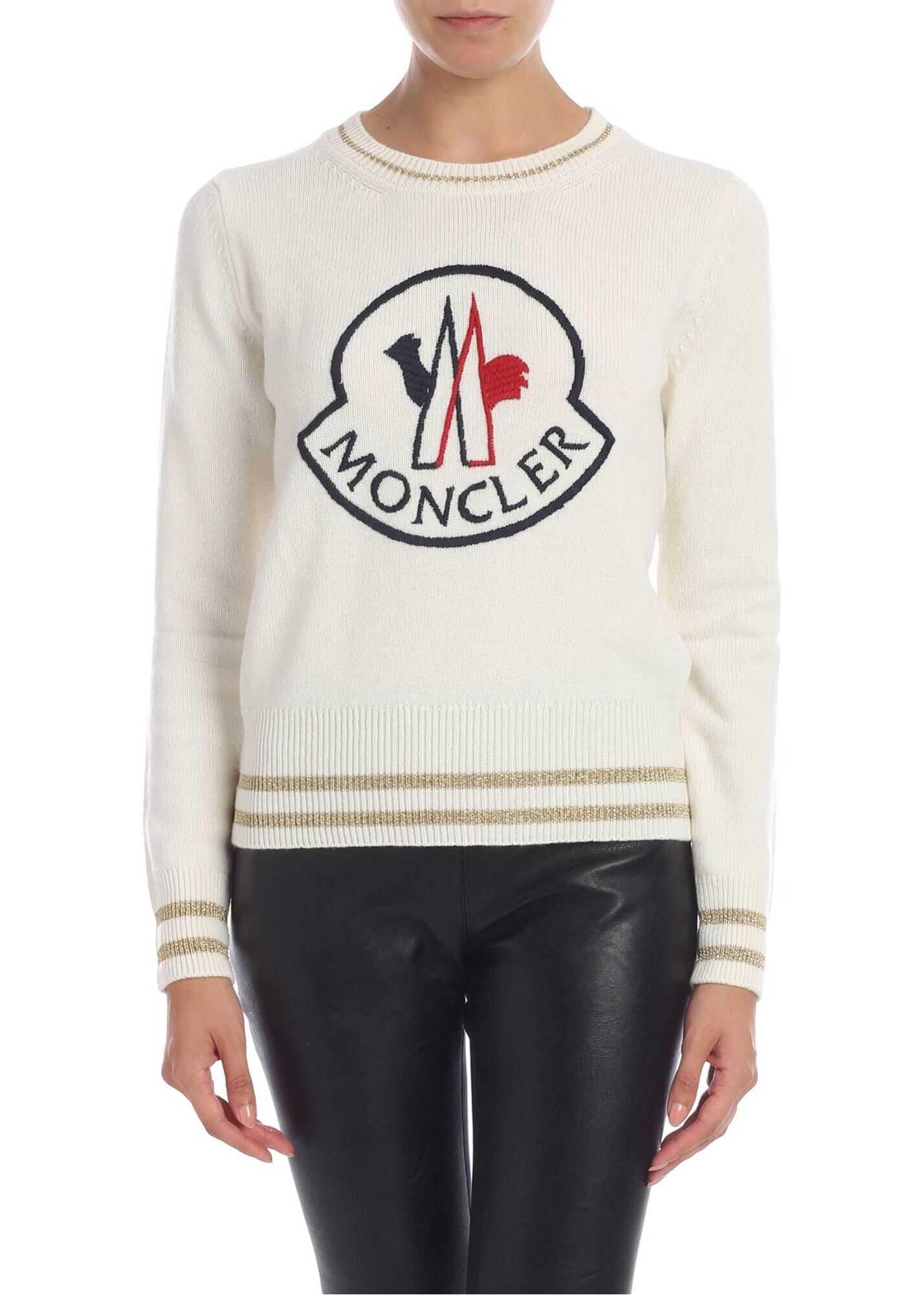 Moncler Crewneck Pullover With Logo Embroidery In Cream Color White