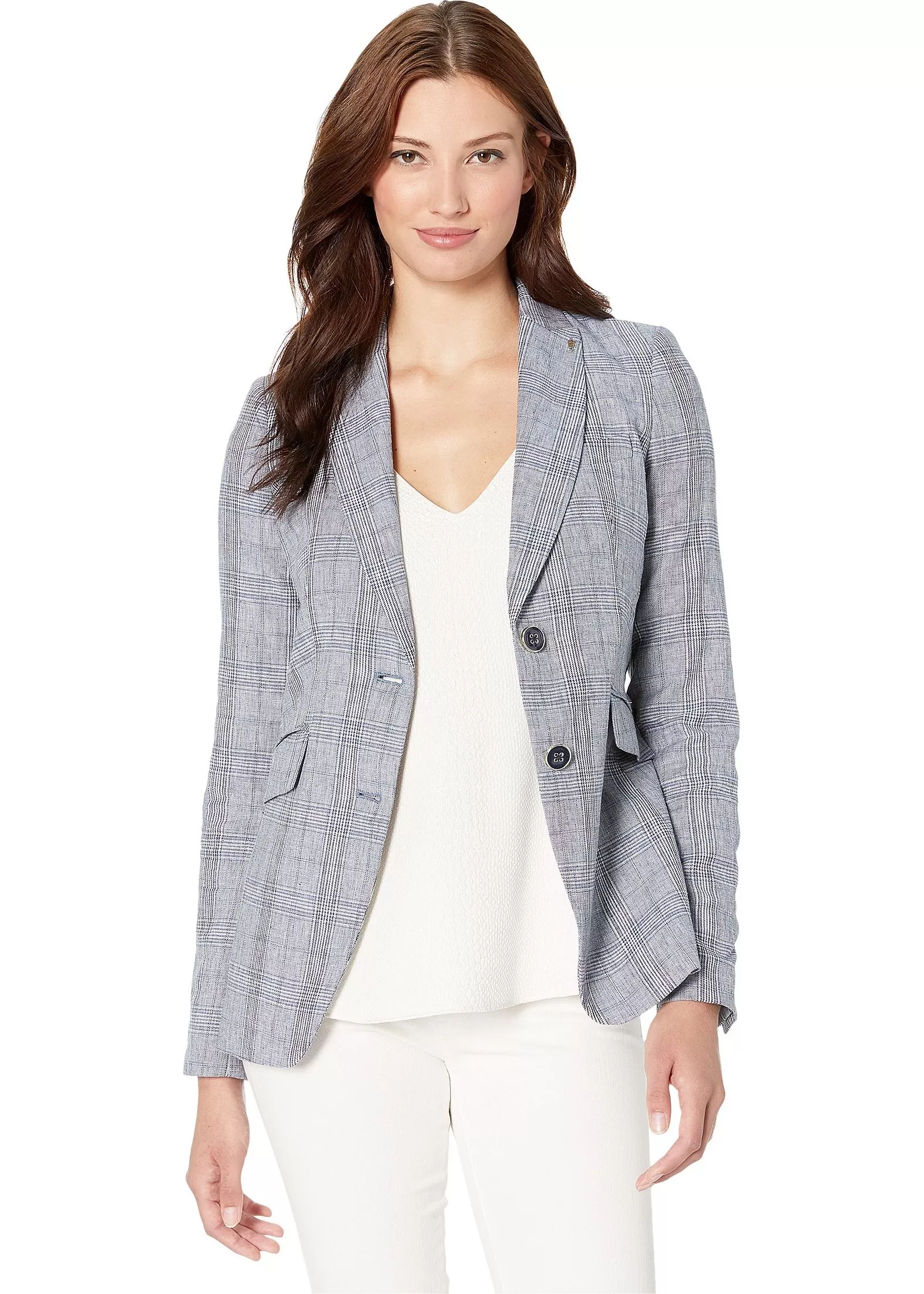 Tommy Hilfiger Plaid Two-Button Linen Riding Jacket Bay Blue Multi
