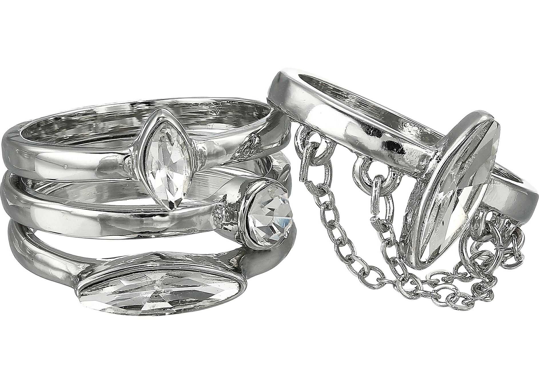 GUESS Four-Piece Dainty Stone Ring Set Silver/Crystal