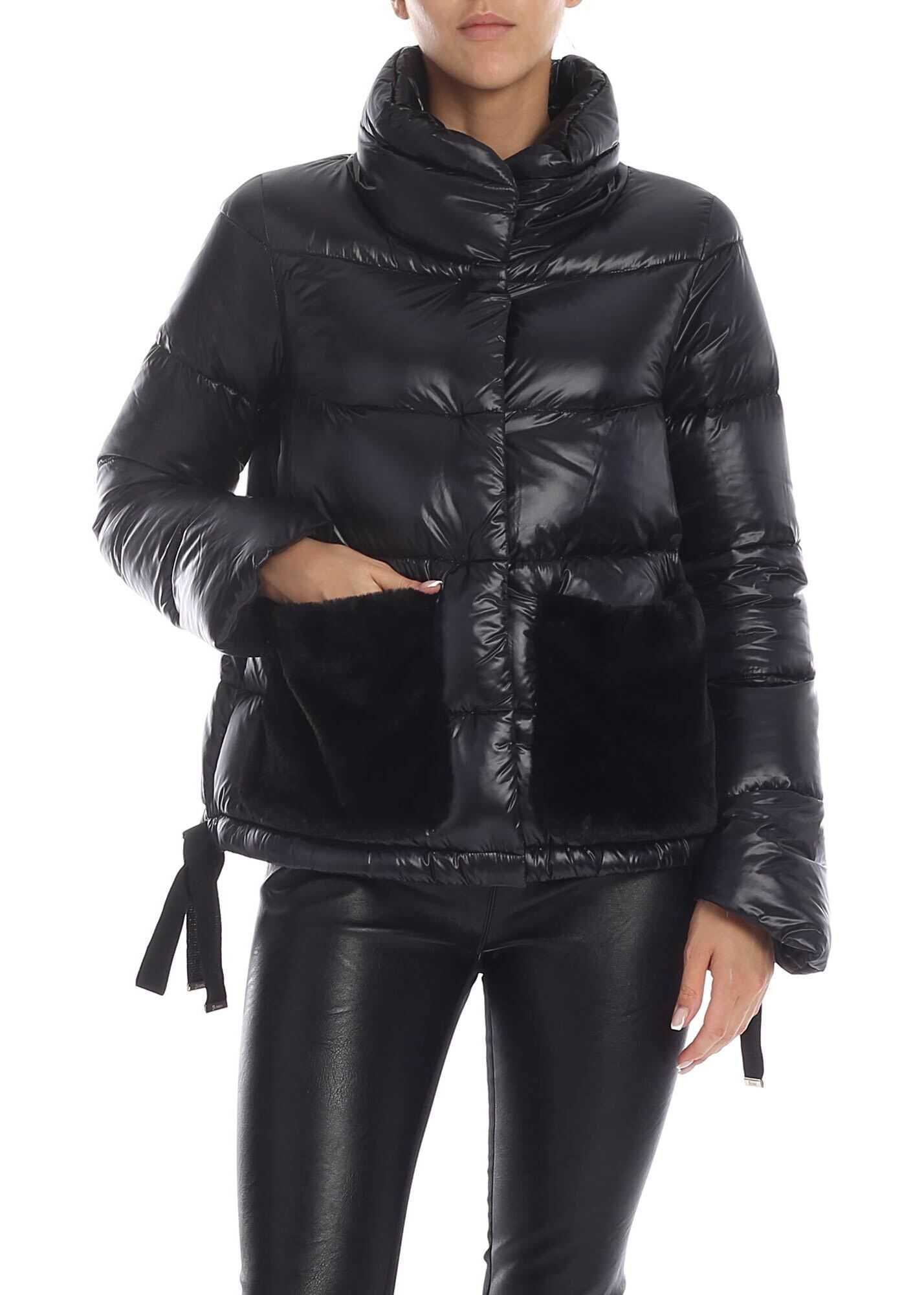 Herno Black Down Jacket With Faux Fur Pockets Black