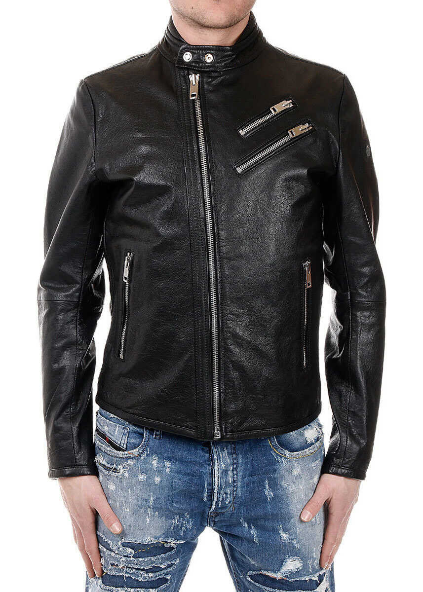 Diesel L-OYTON Leather Jacket with Zip Details BLACK