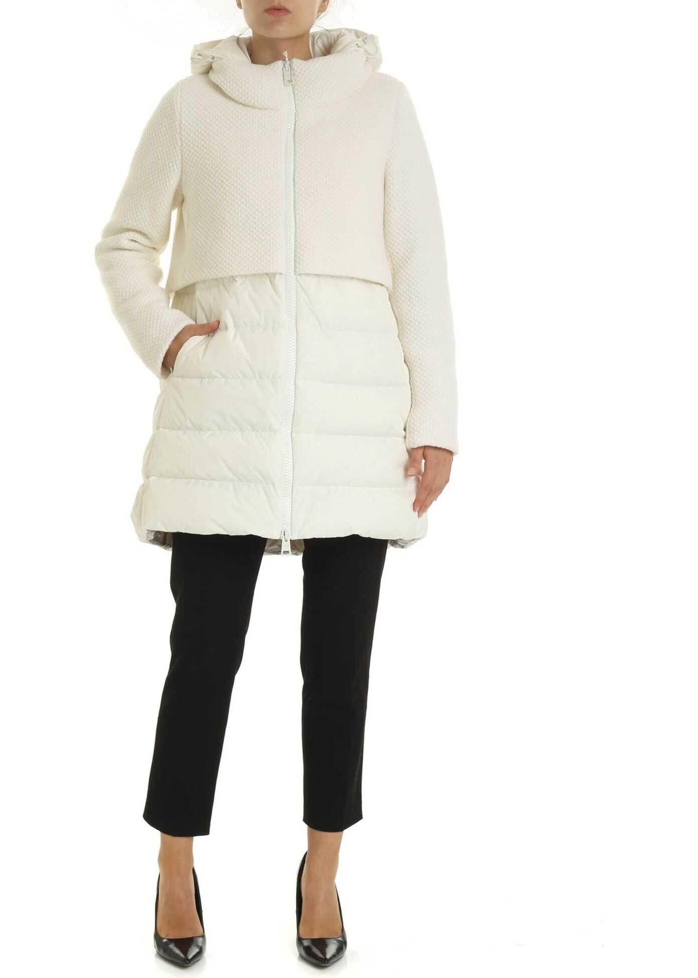 Herno Long Down Jacket In White With Wool Insert White