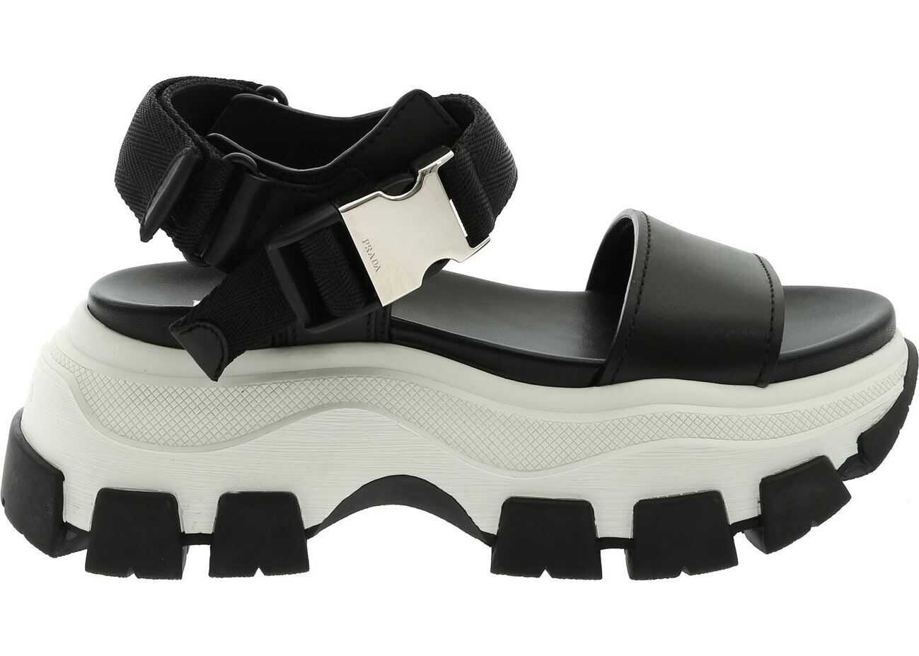 Prada Block Sandals In Black With Maxi White Sole Black