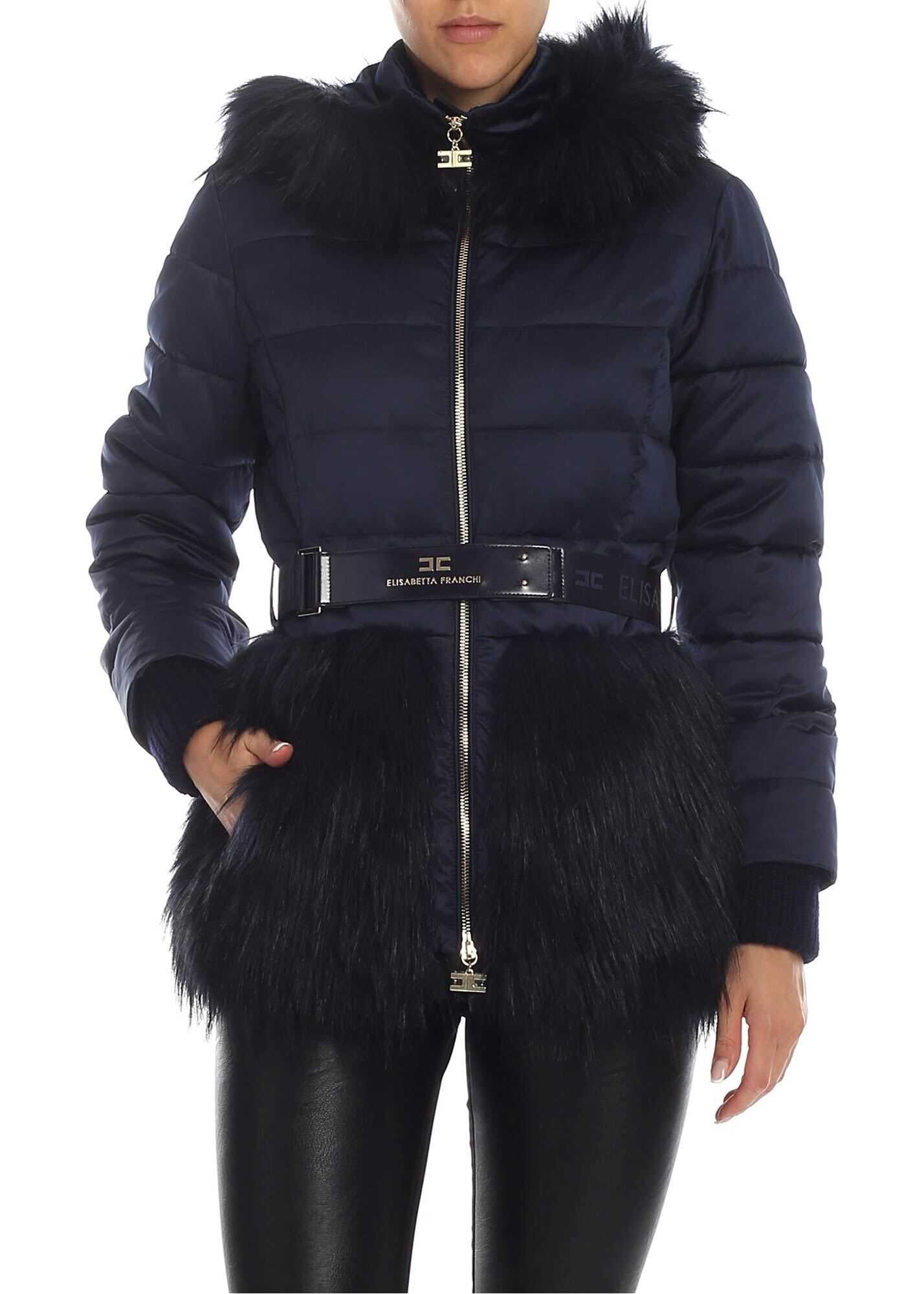 Elisabetta Franchi Blue Down Jacket With Eco-Fur Details Blue