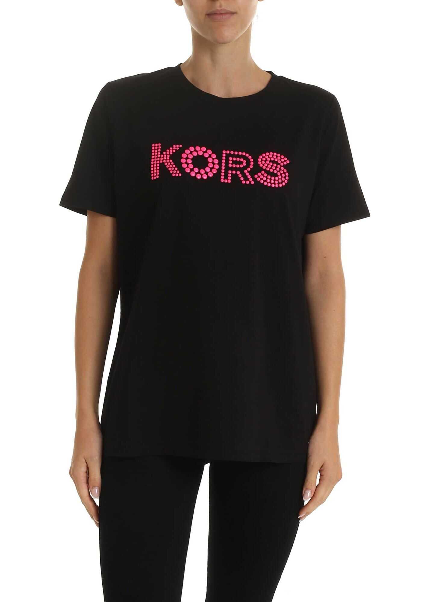 Michael Kors Neon Pink Logo T-Shirt In Black Black