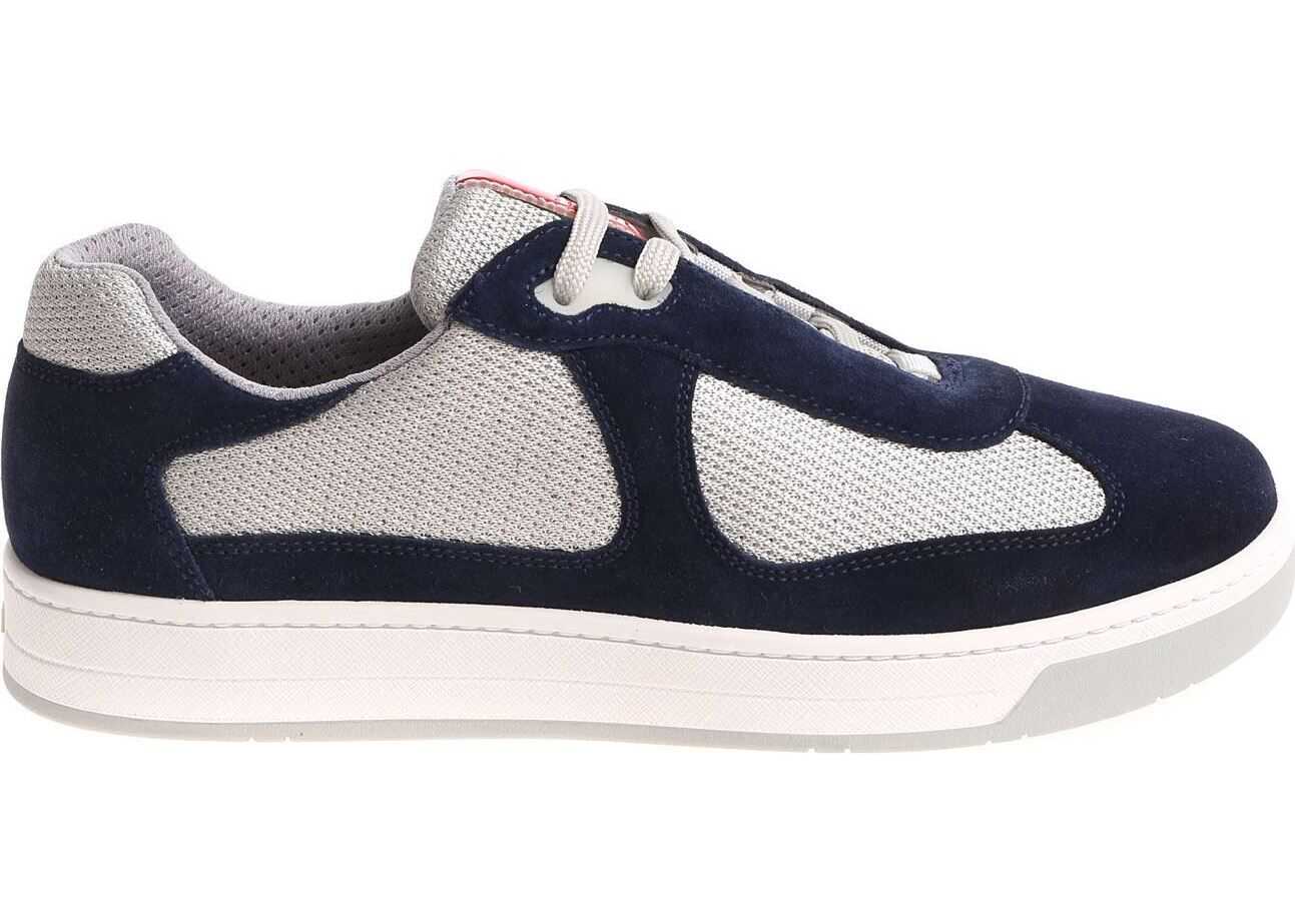 Prada Sport Blue Fabric And Suede Sneakers Silver