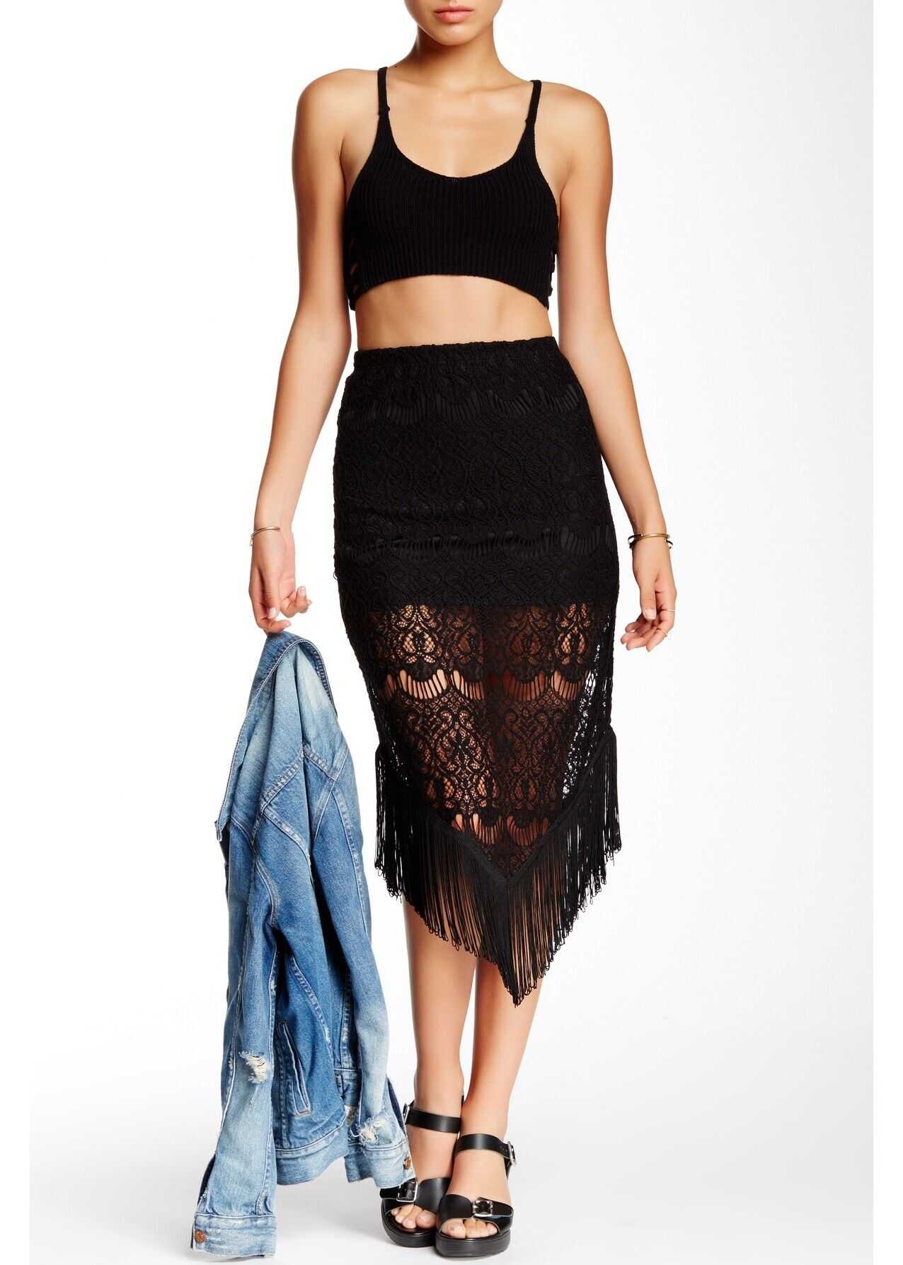 ROMEO & JULIET COUTURE Fringe Midi Skirt* Black