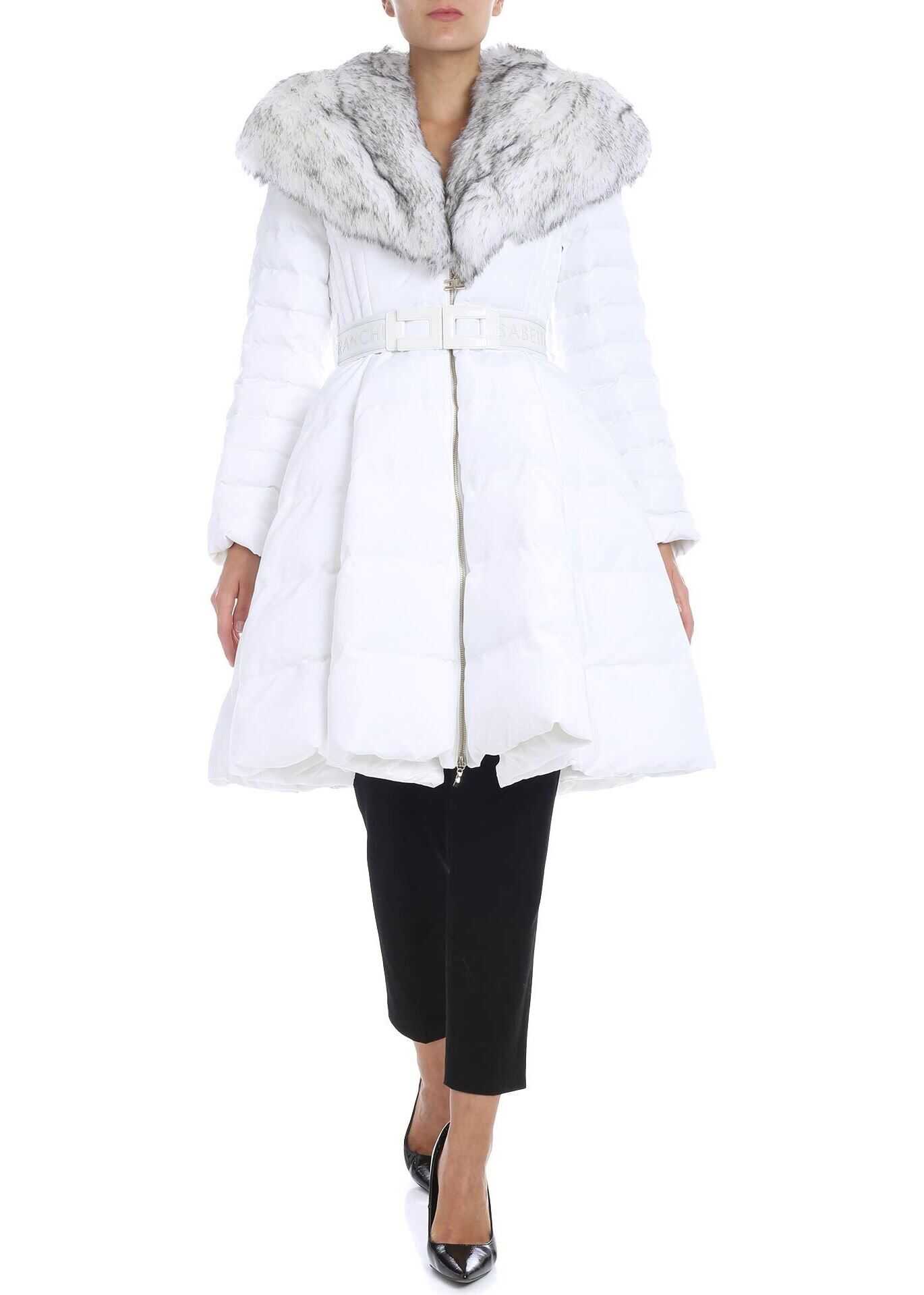 Elisabetta Franchi White Flared Down Jacket With Eco-Fur Insert White