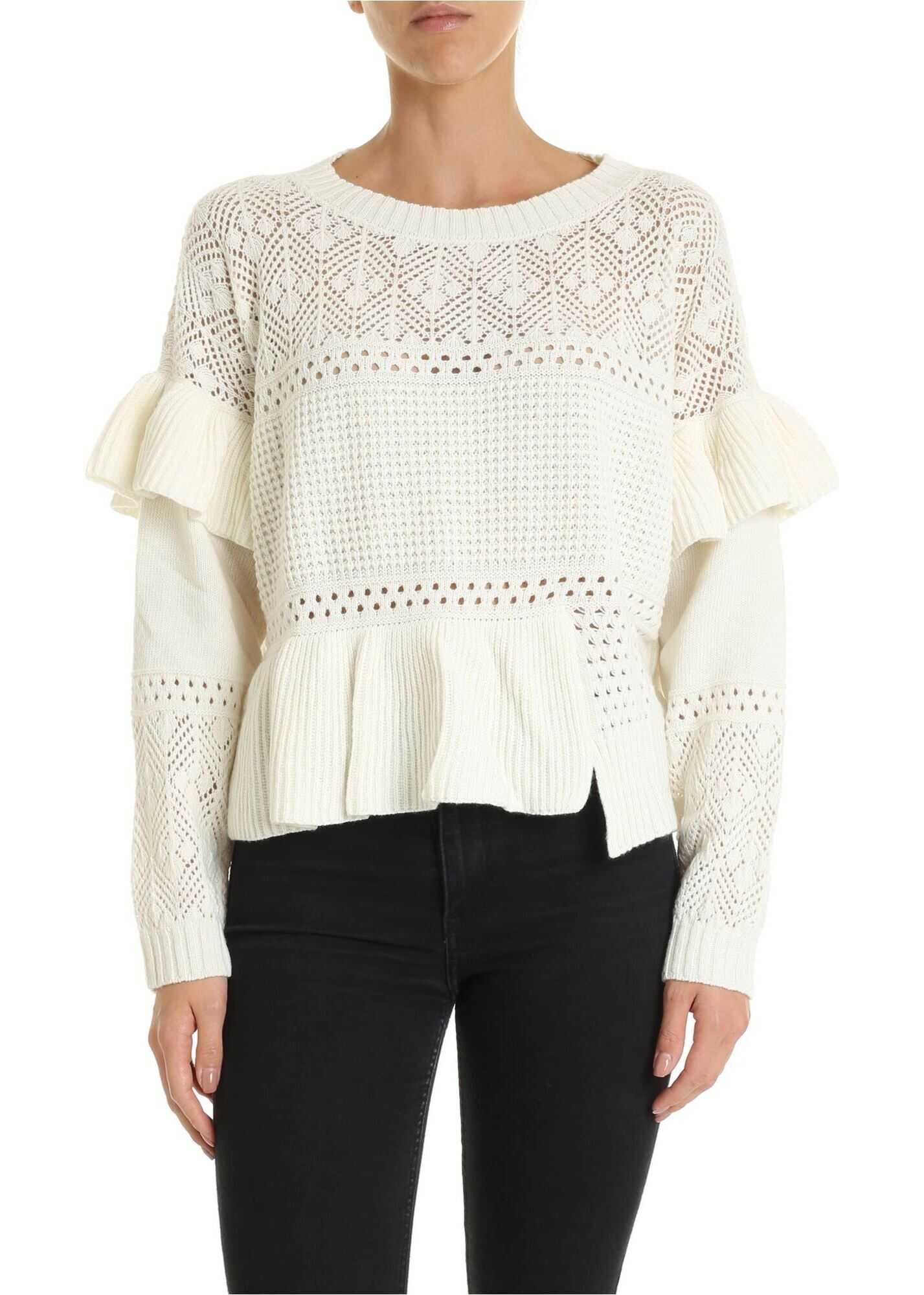 Twin-set Simona Barbieri Openwork Crew Neck Pullover In Ivory Color White