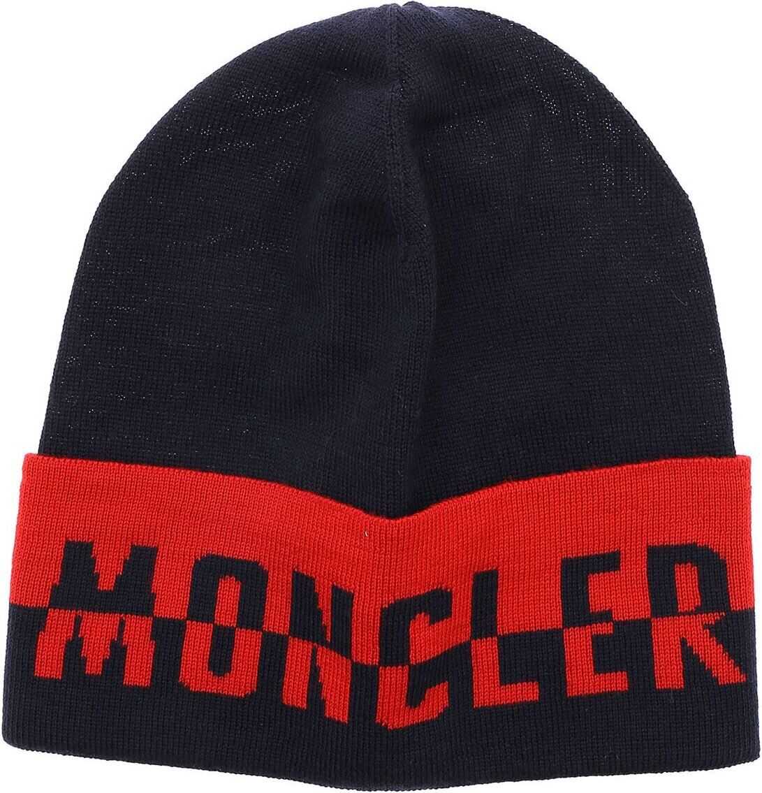 Moncler Kids Blue And Red Jacquard Beanie Blue