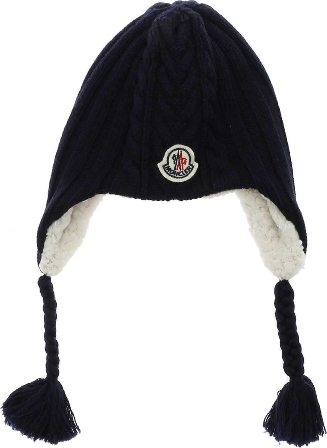 Moncler Kids Blue Beanie With Logo Patch Blue