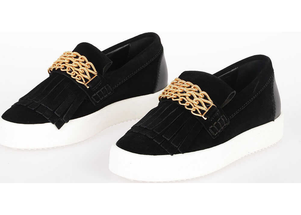 Giuseppe Zanotti Suede Slip On Sneakers with gold tone Chain BLACK