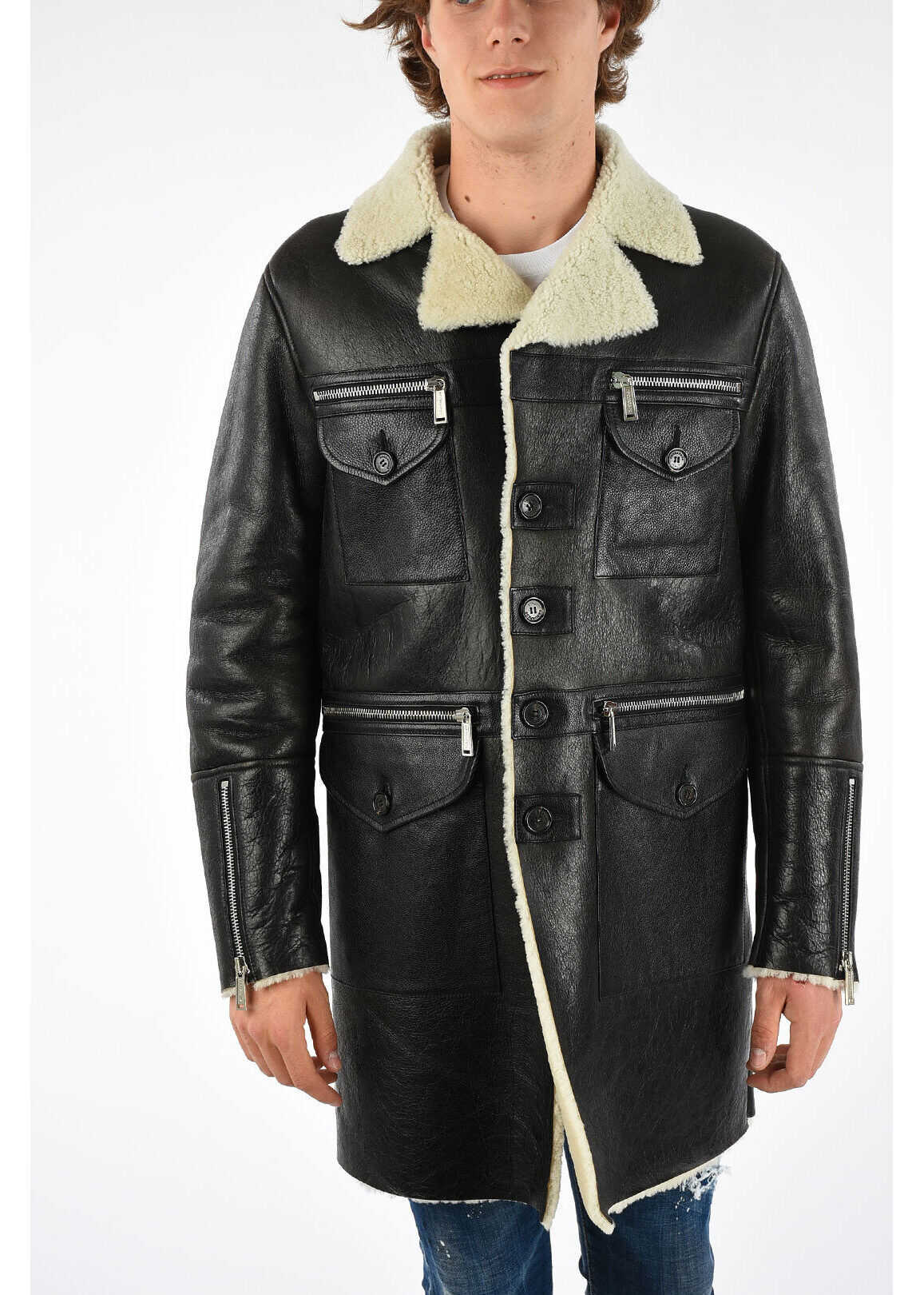 DSQUARED2 Single Breasted Shearling Coat BLACK