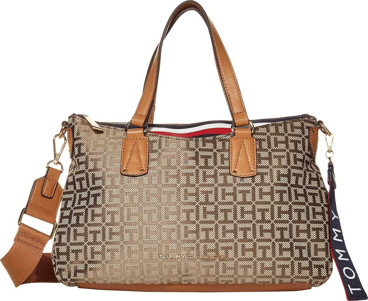 Tommy Hilfiger Walker Jacquard Satchel Tan Dark Chocolate