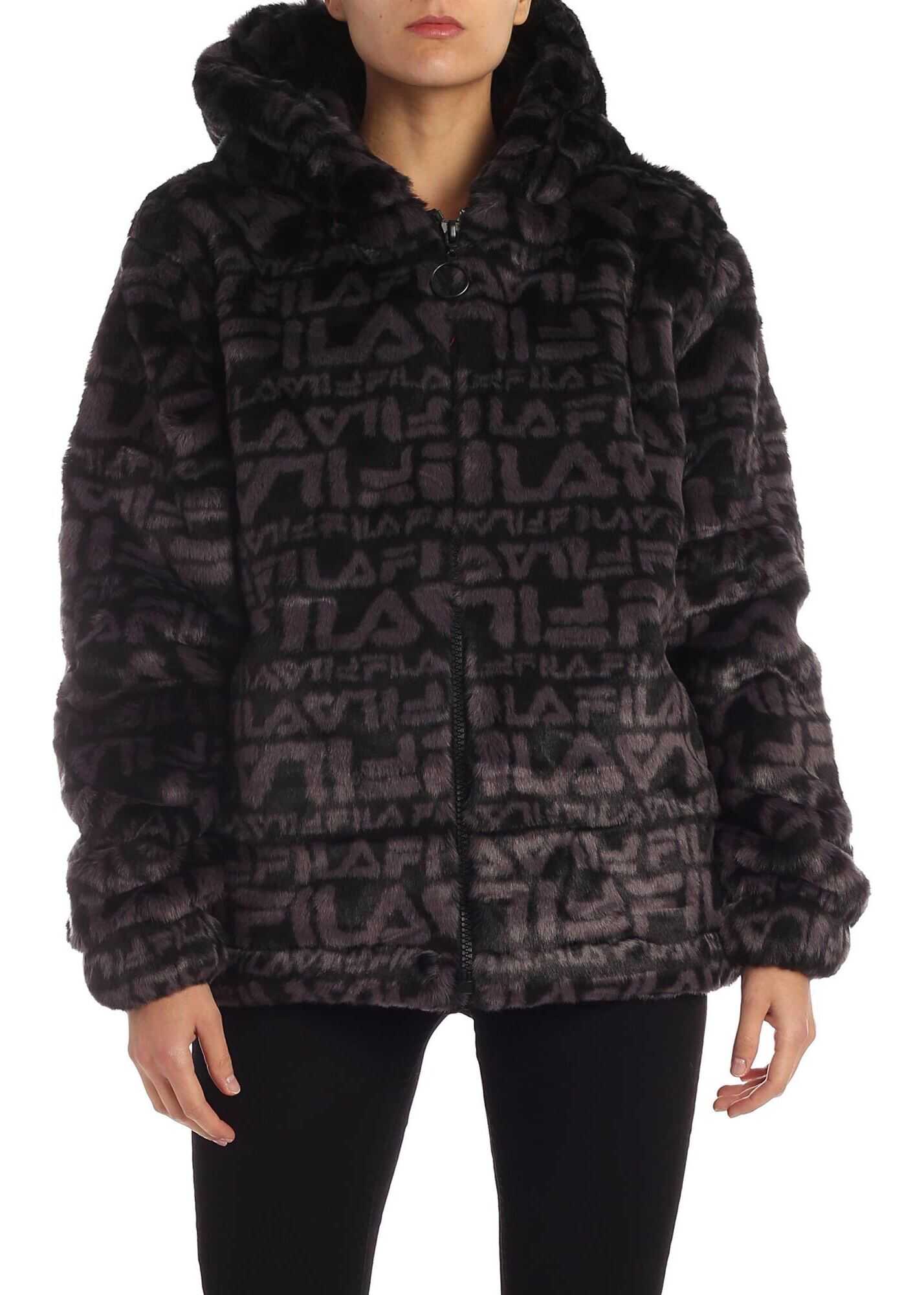 Fila Margot Monogram Eco-Fur Coat In Black Black