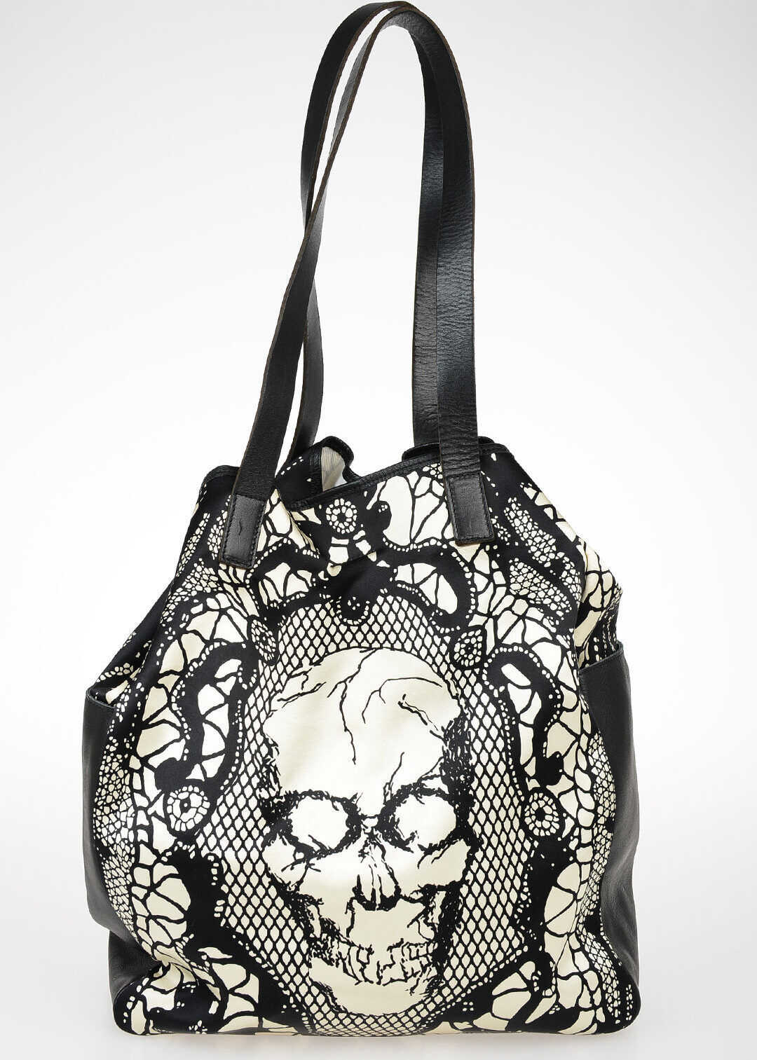 Alexander McQueen Skull Printed Satin Shopping Bag BLACK & WHITE
