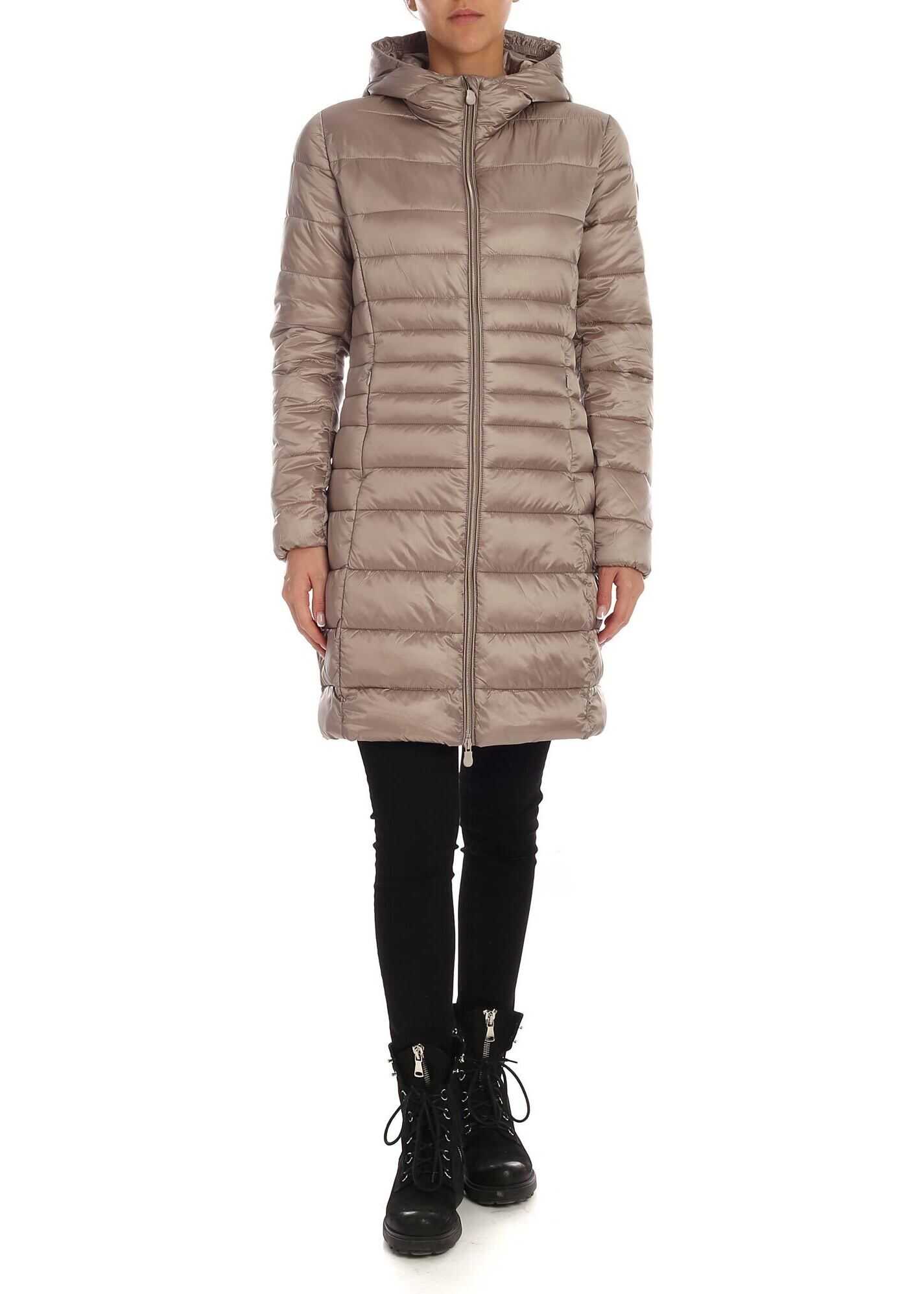 Save the Duck Long Fit Down Jacket In Taupe Color With Logo Patch Beige