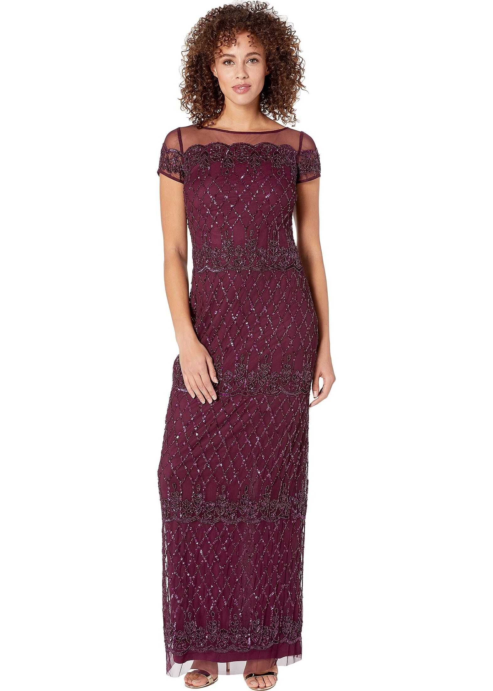 Adrianna Papell Scalloped Bead Column Evening Gown Cassis