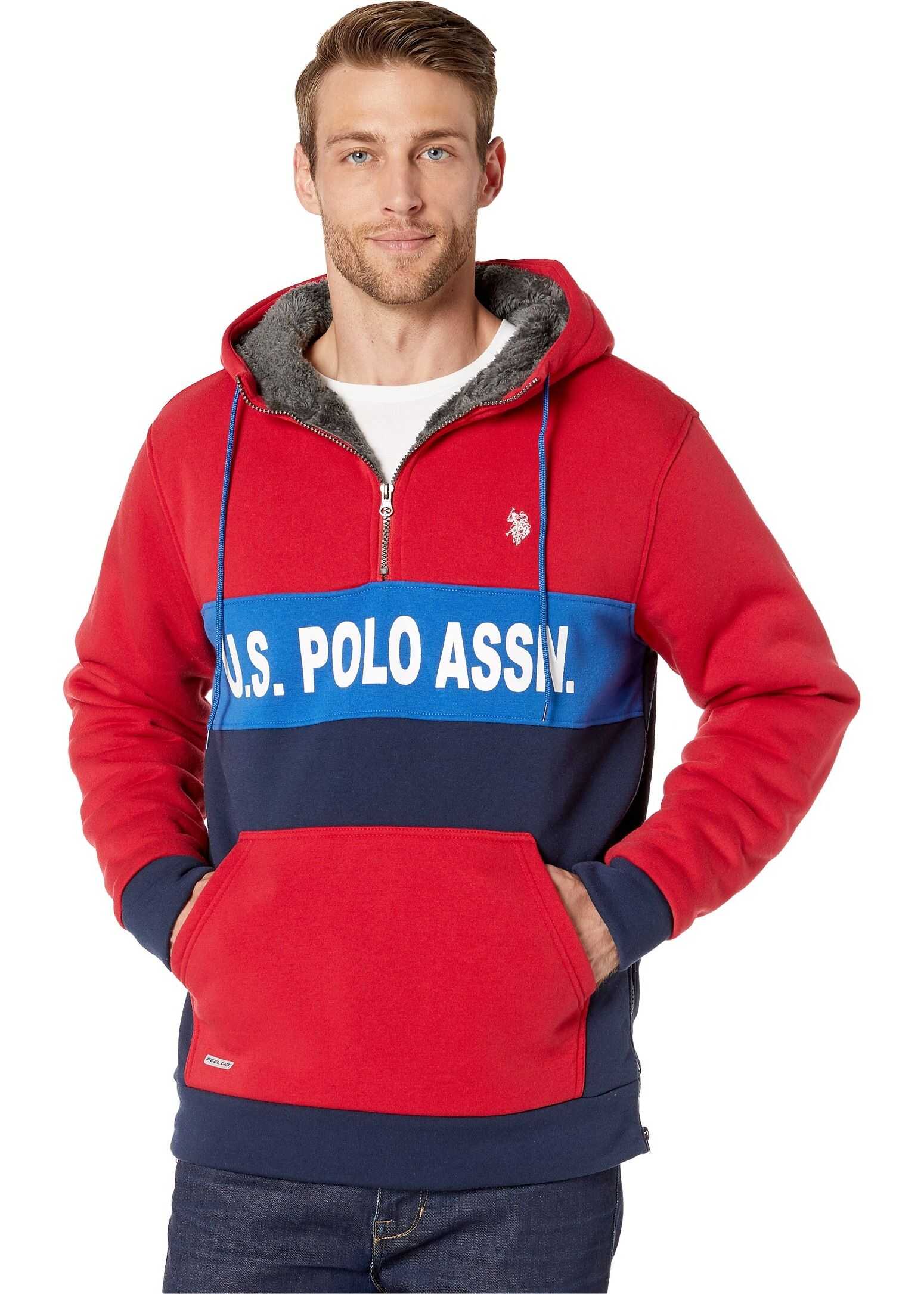 U.S. POLO ASSN. 1/4 Zip Tricolor Wordmark Hoodie Engine Red