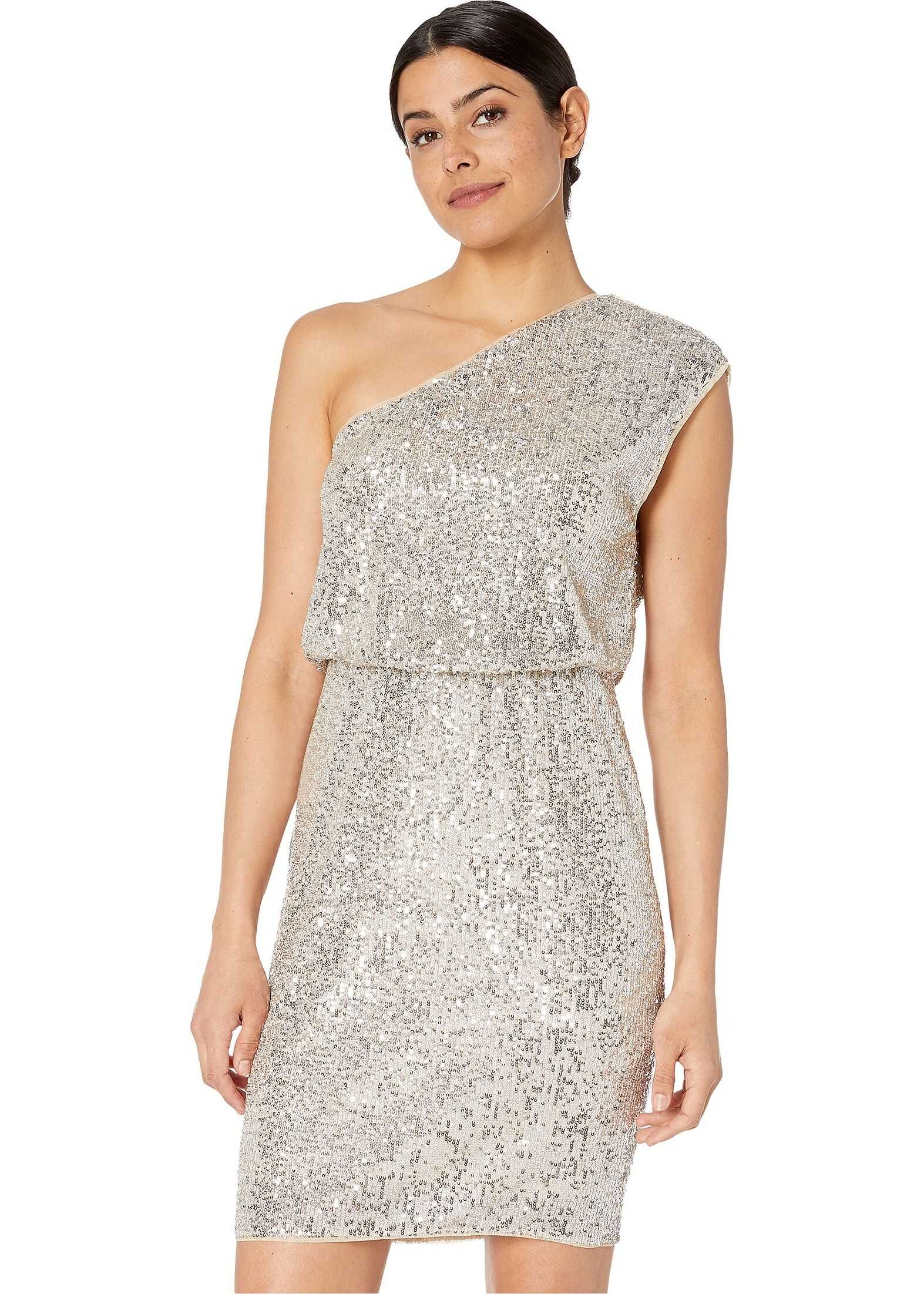 Adrianna Papell One Shoulder Sequin Blouson Cocktail Dress Silver