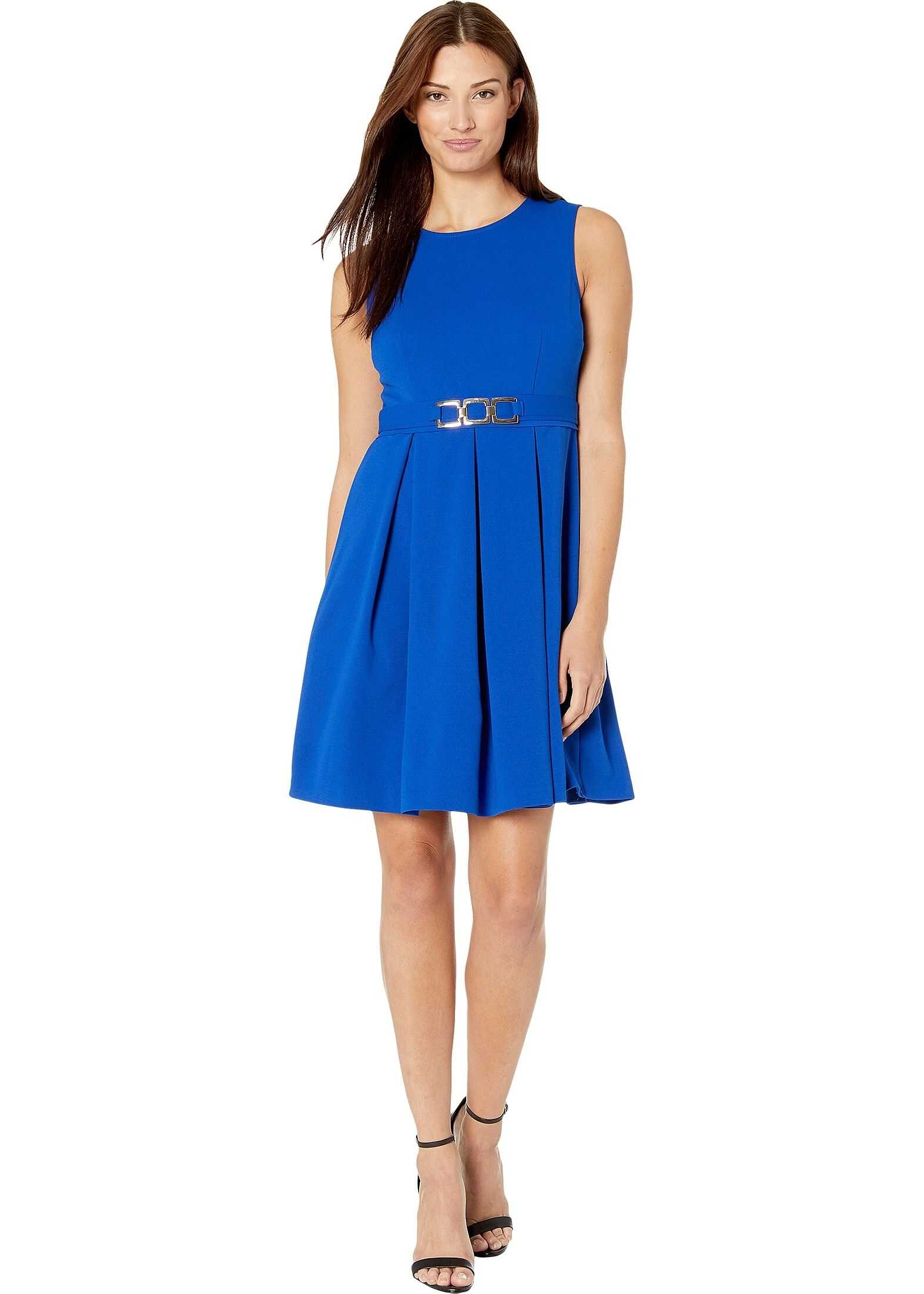 Nine West Scuba Crepe Sleeveless Dress w/ Pleated Skirt Sapphire