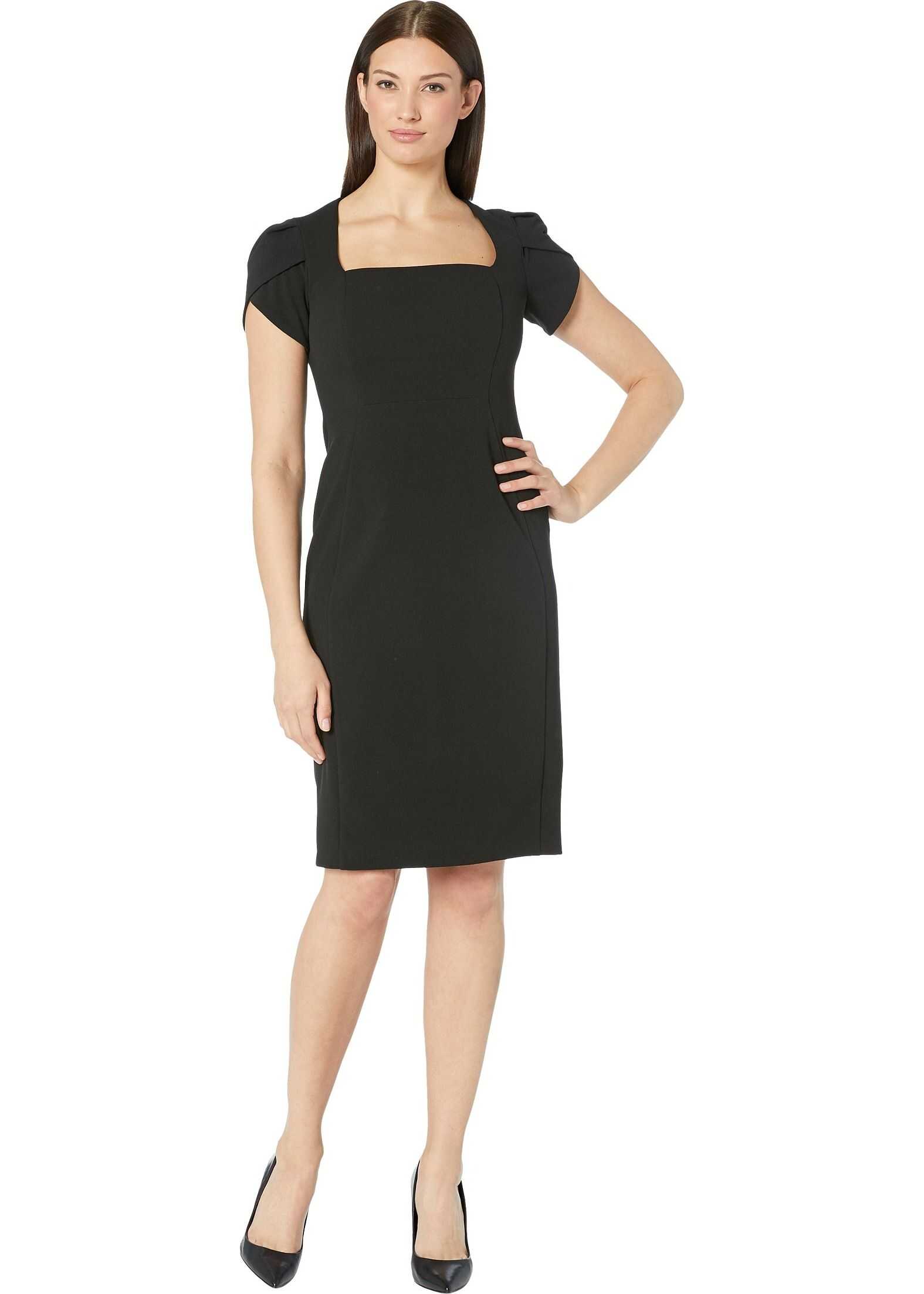 Donna Morgan Tulip Cap Sleeve Square Neck Sheath Crepe Dress Black