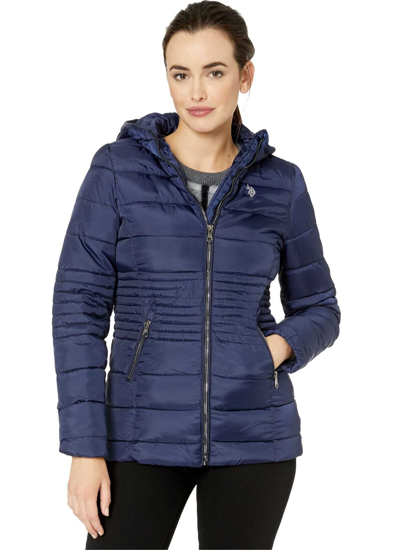 U.S. POLO ASSN. Long Basic Smocked Waist Puffer with Hood Evening Blue
