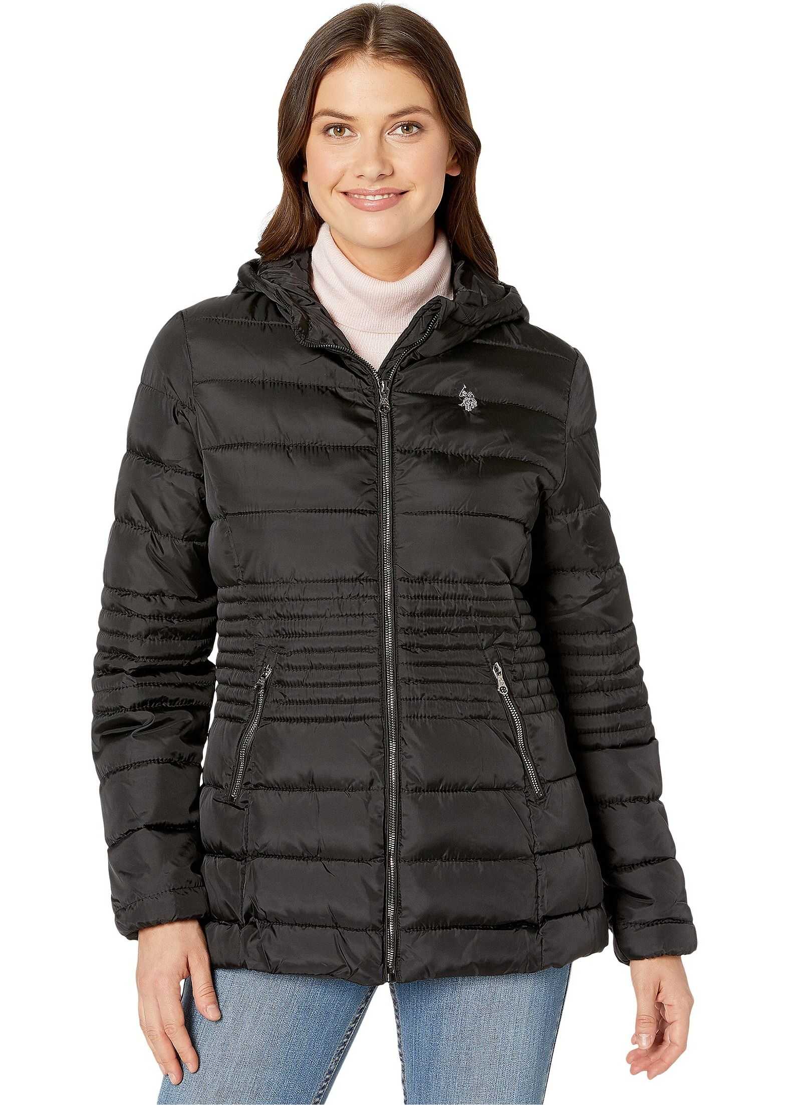 U.S. POLO ASSN. Long Basic Smocked Waist Puffer with Hood Black