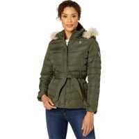 Geci de iarna Belted Puffer Jacket with Fur Hood Femei