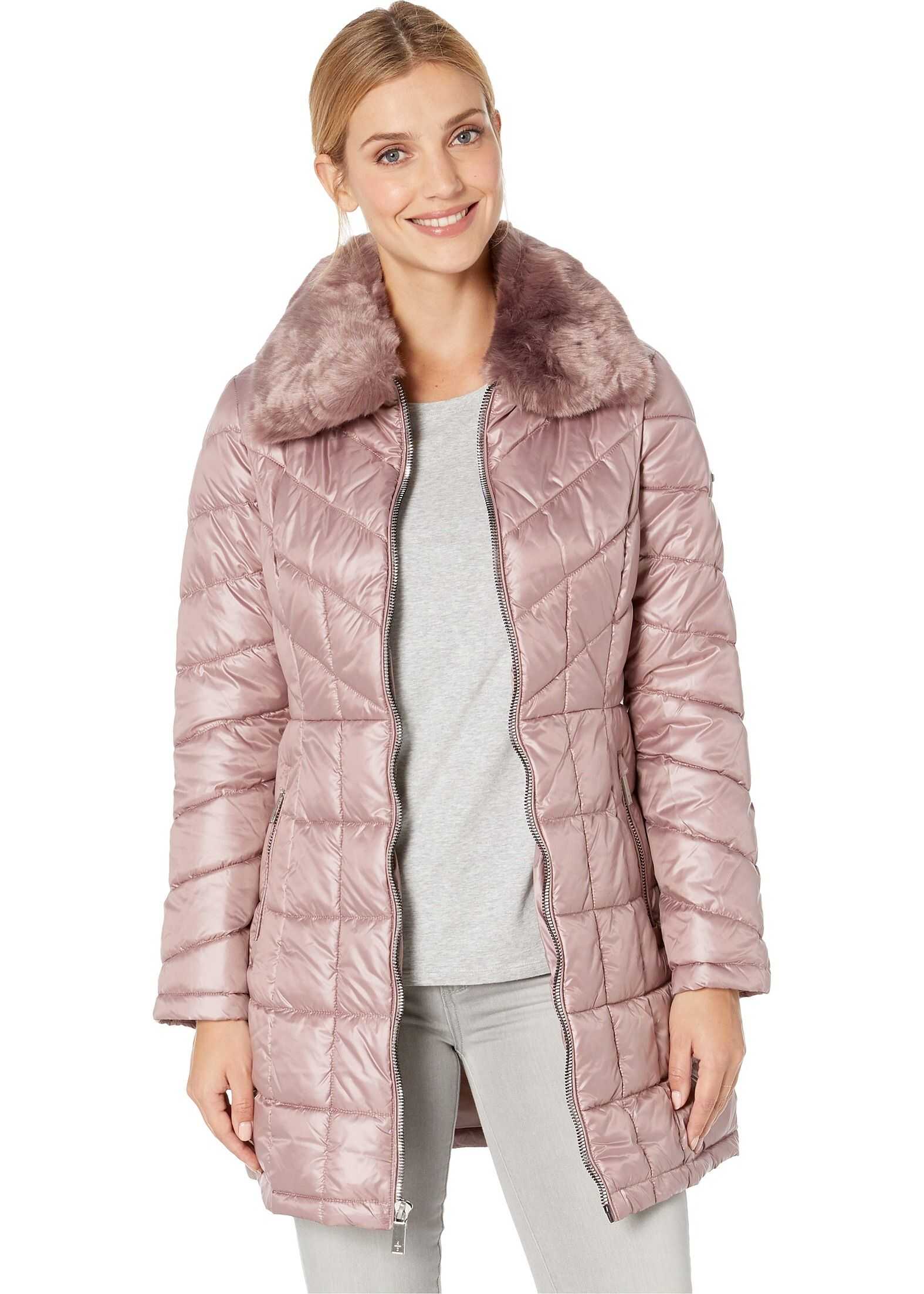 Kenneth Cole New York Zip Front Quilted Puffer w/ Faux Fur Trimmed Collar Dusty Rose