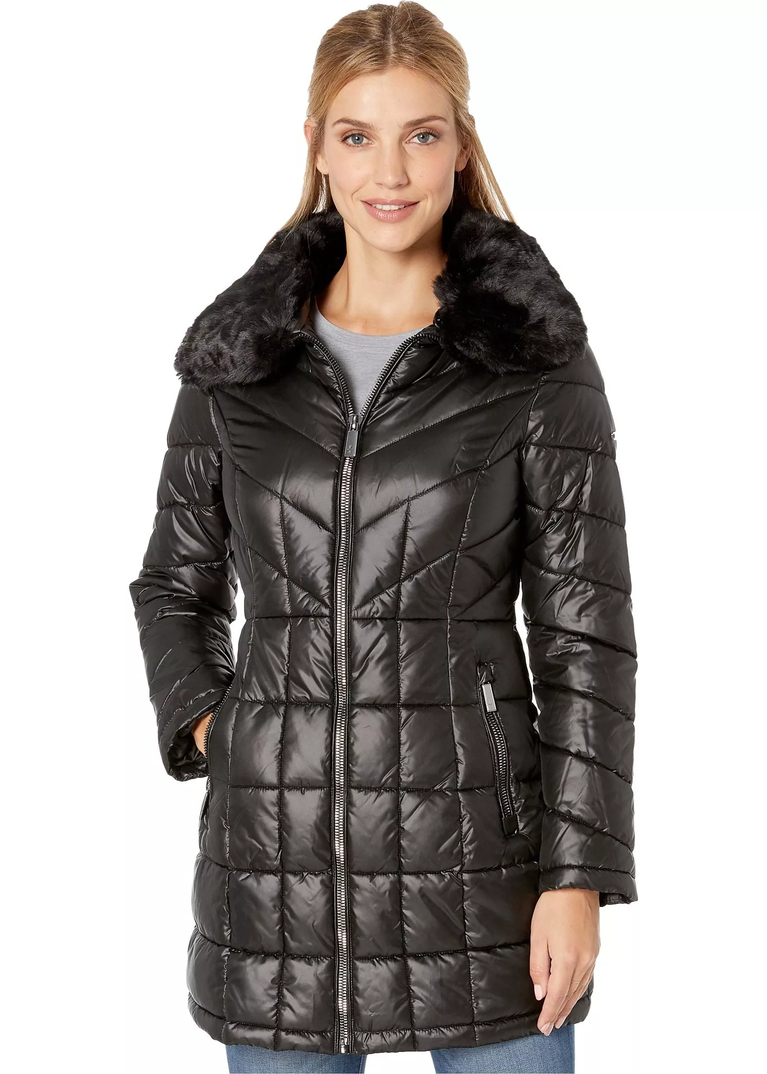 Kenneth Cole New York Zip Front Quilted Puffer w/ Faux Fur Trimmed Collar Black