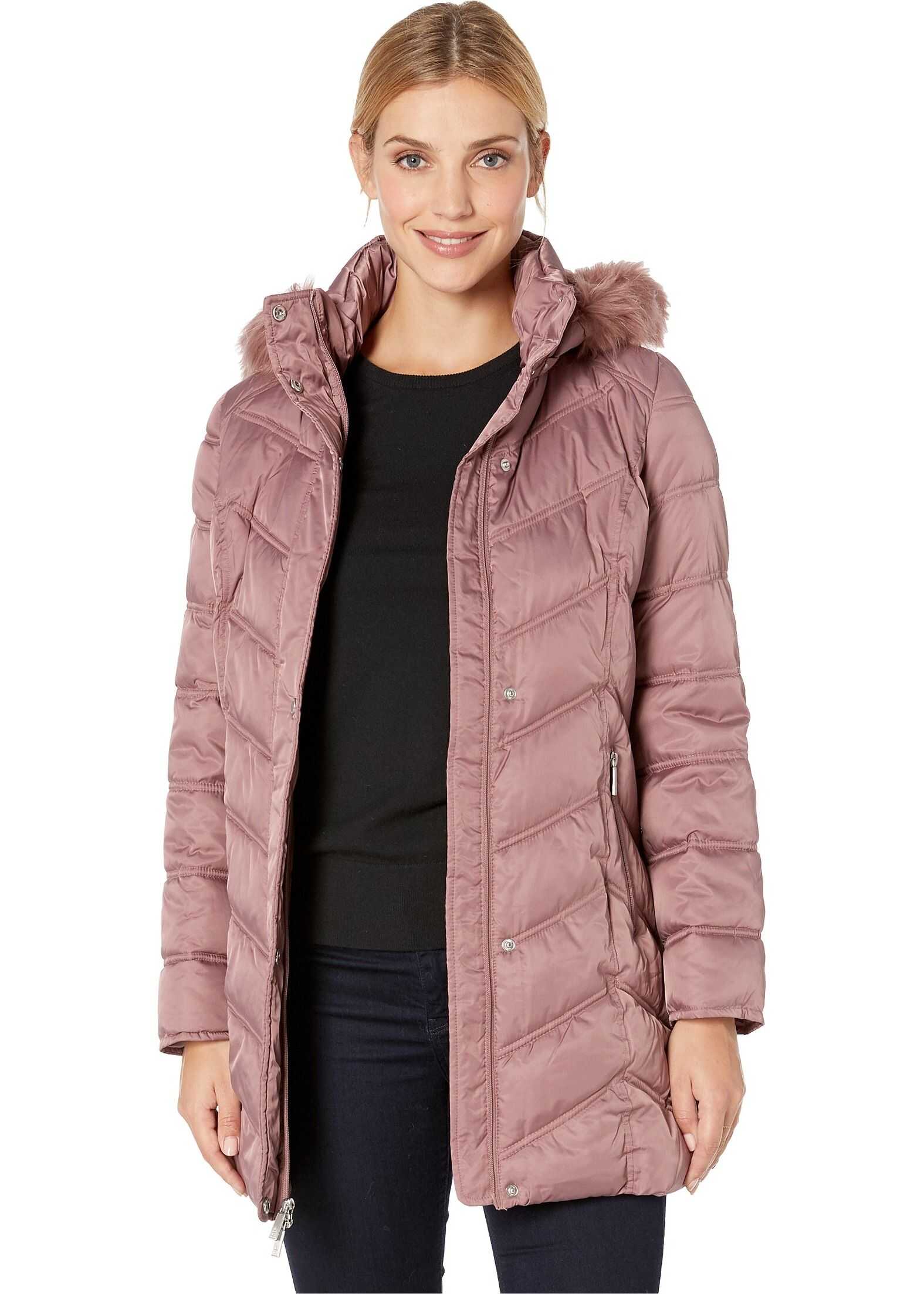 Kenneth Cole New York Chevron Quilted Puffer w/ Faux Fur Trimmed Hood Dusty Rose