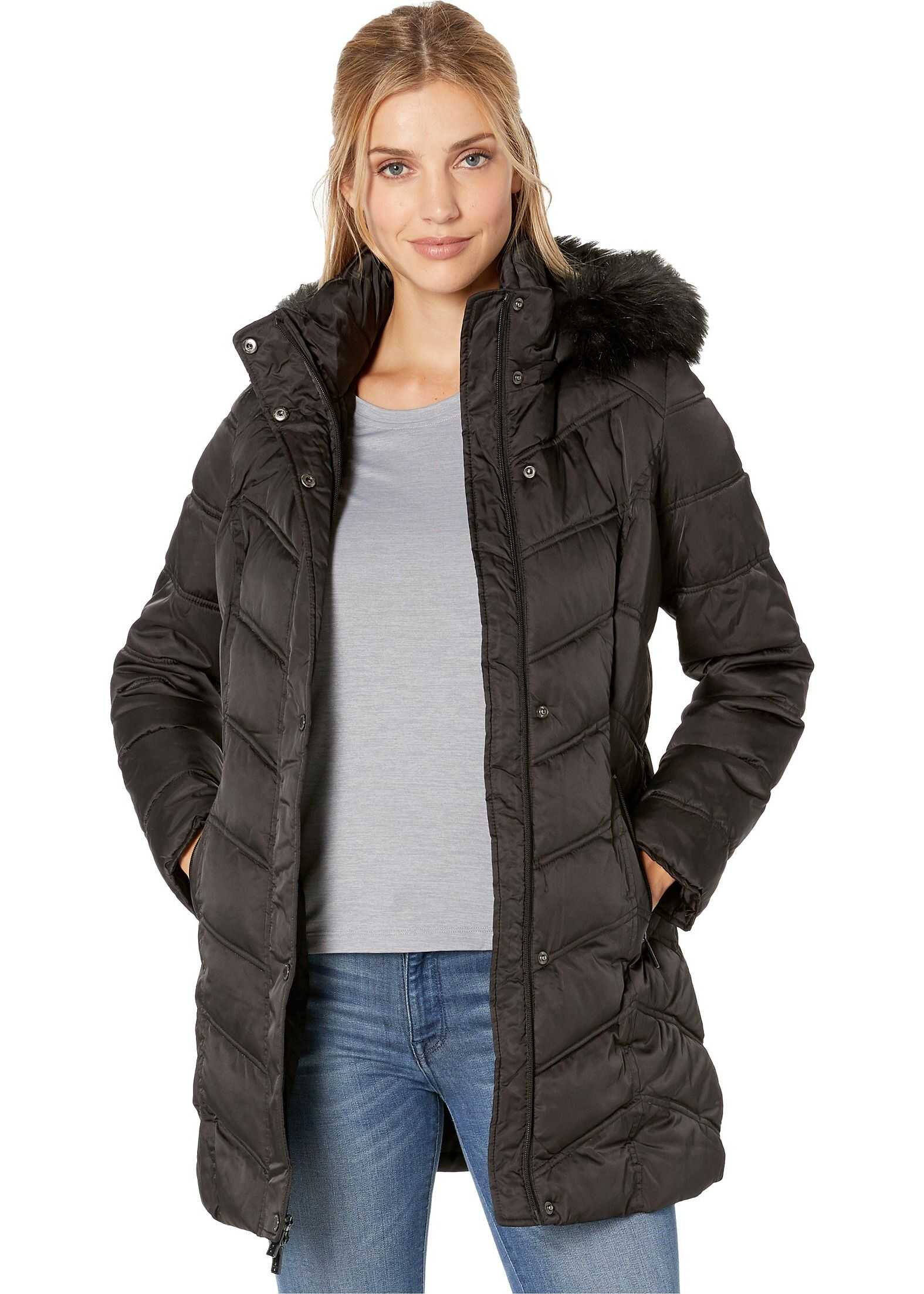 Kenneth Cole New York Chevron Quilted Puffer w/ Faux Fur Trimmed Hood Black