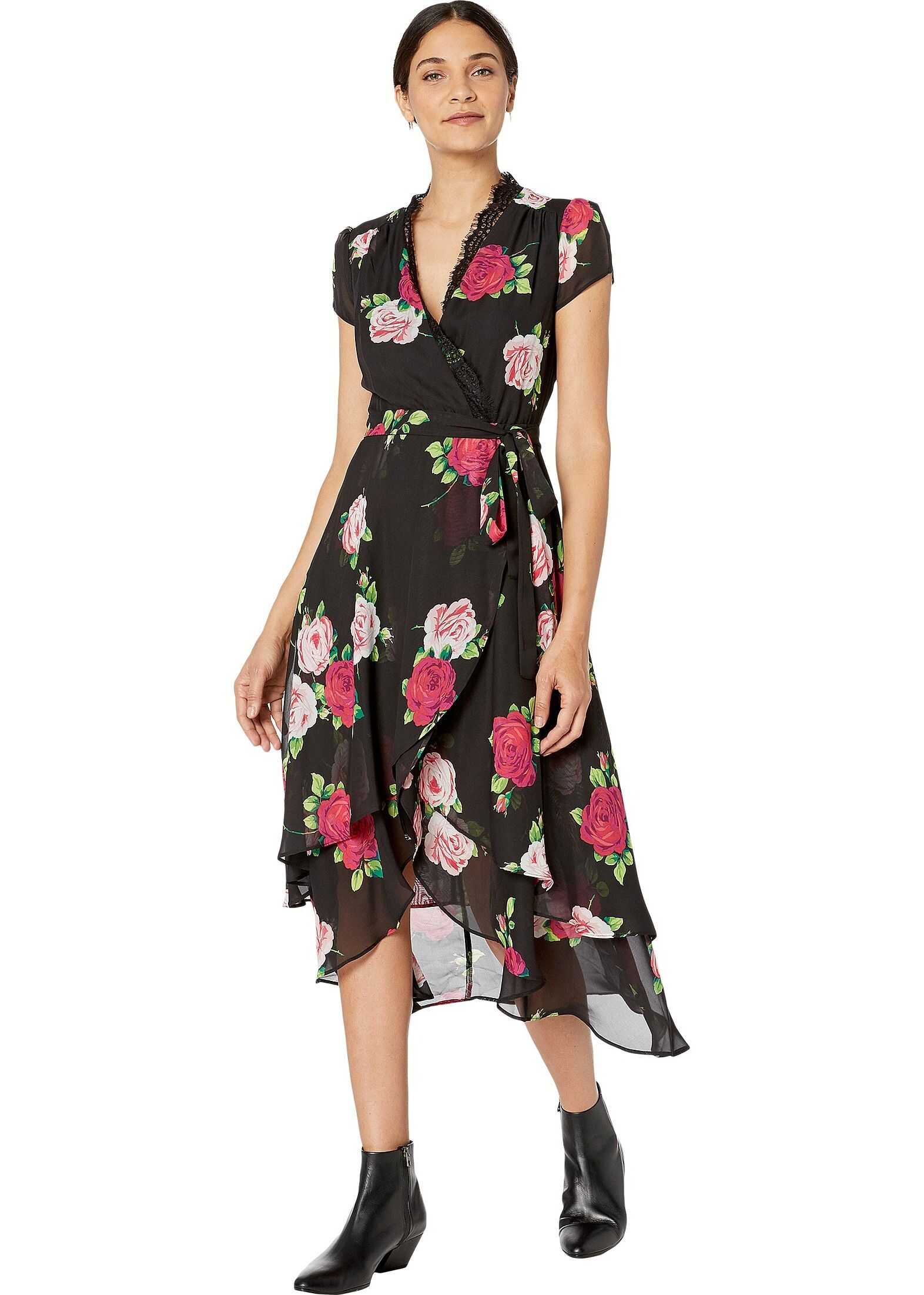 Betsey Johnson Floating Roses Faux Wrap Dress with Lace Neckline Floral Bouquet