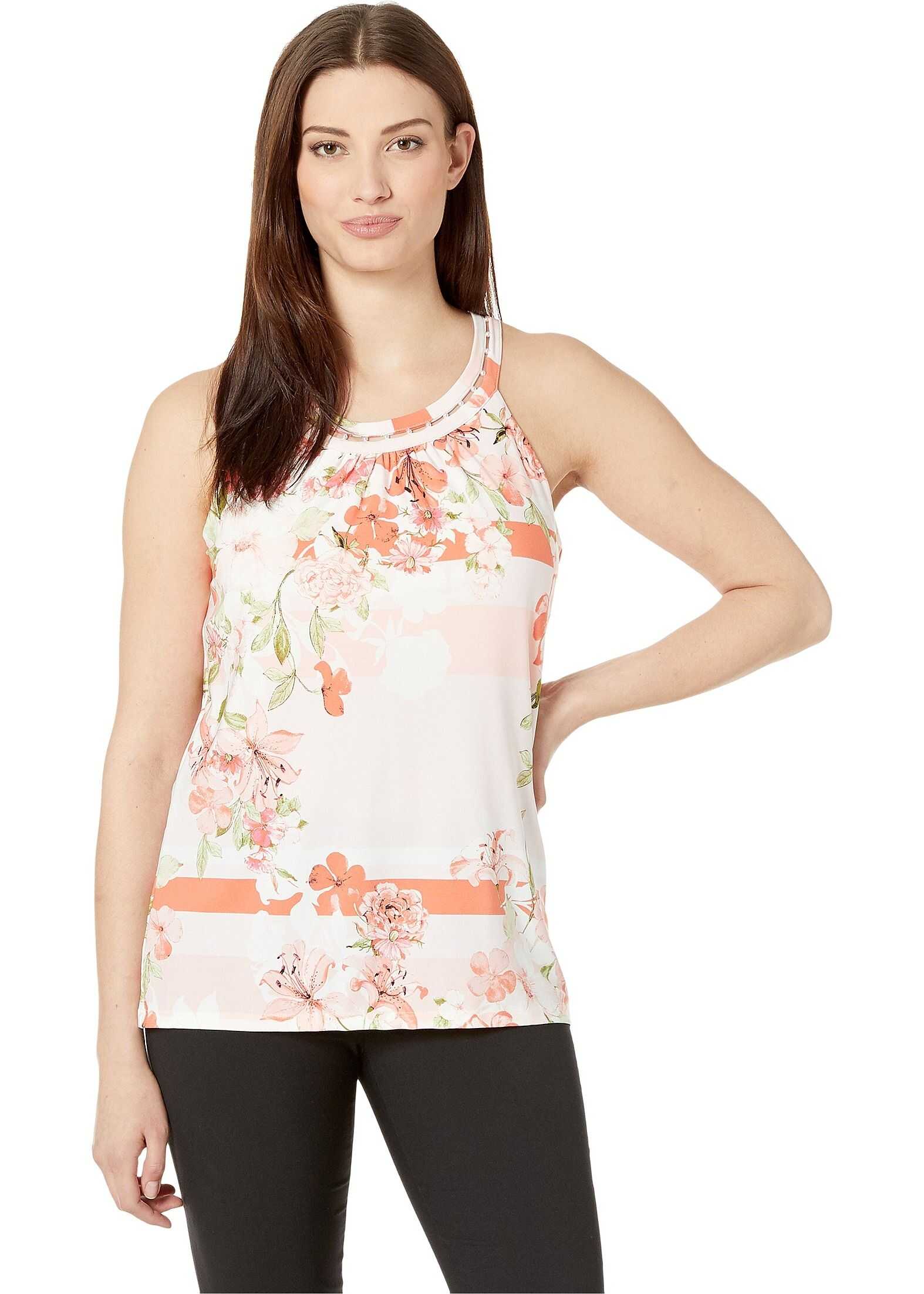 Calvin Klein Printed Halter Top with Beads Porcelain Rose Combo