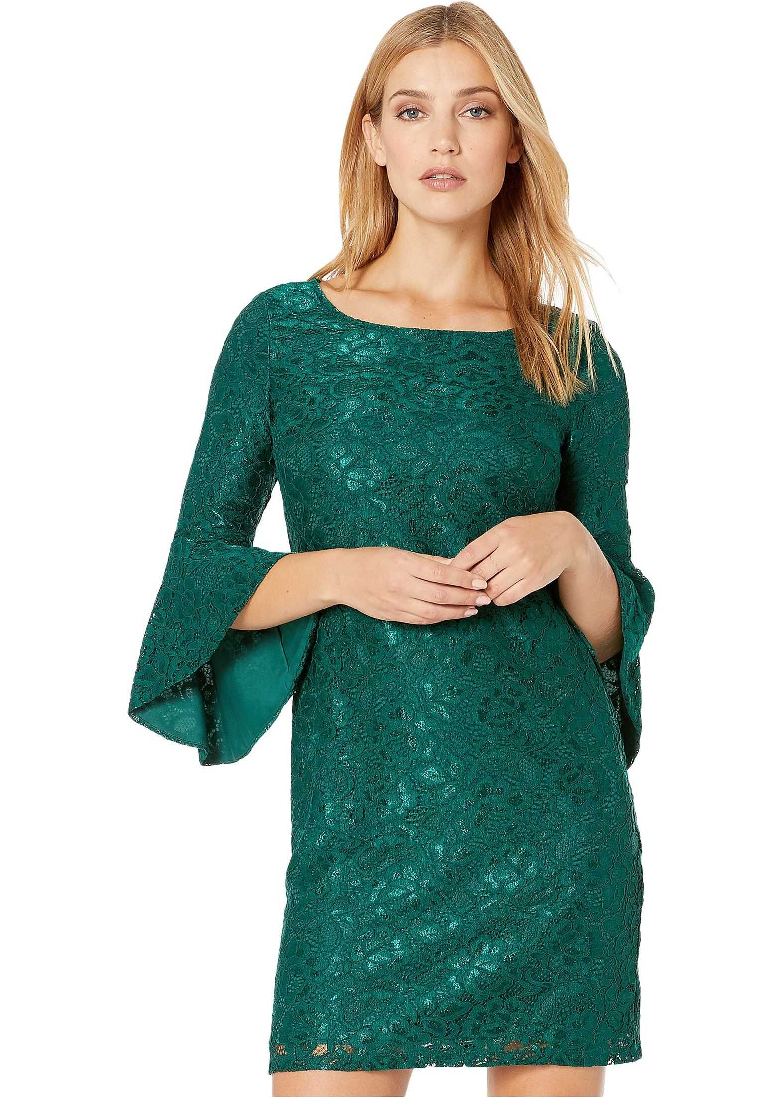 Nine West Lace 3/4 Peplum Sleeve T-Shirt Dress Evergreen