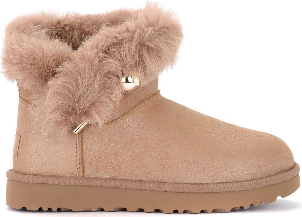 UGG Classic Fluff Pin Mini Color Antique Pearl Ankle Boot With Brooch Grey