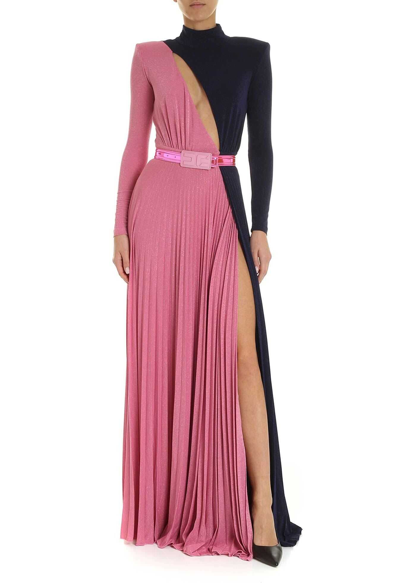 Elisabetta Franchi Two-Tone Long Dress In Fuchsia And Blue Fuchsia