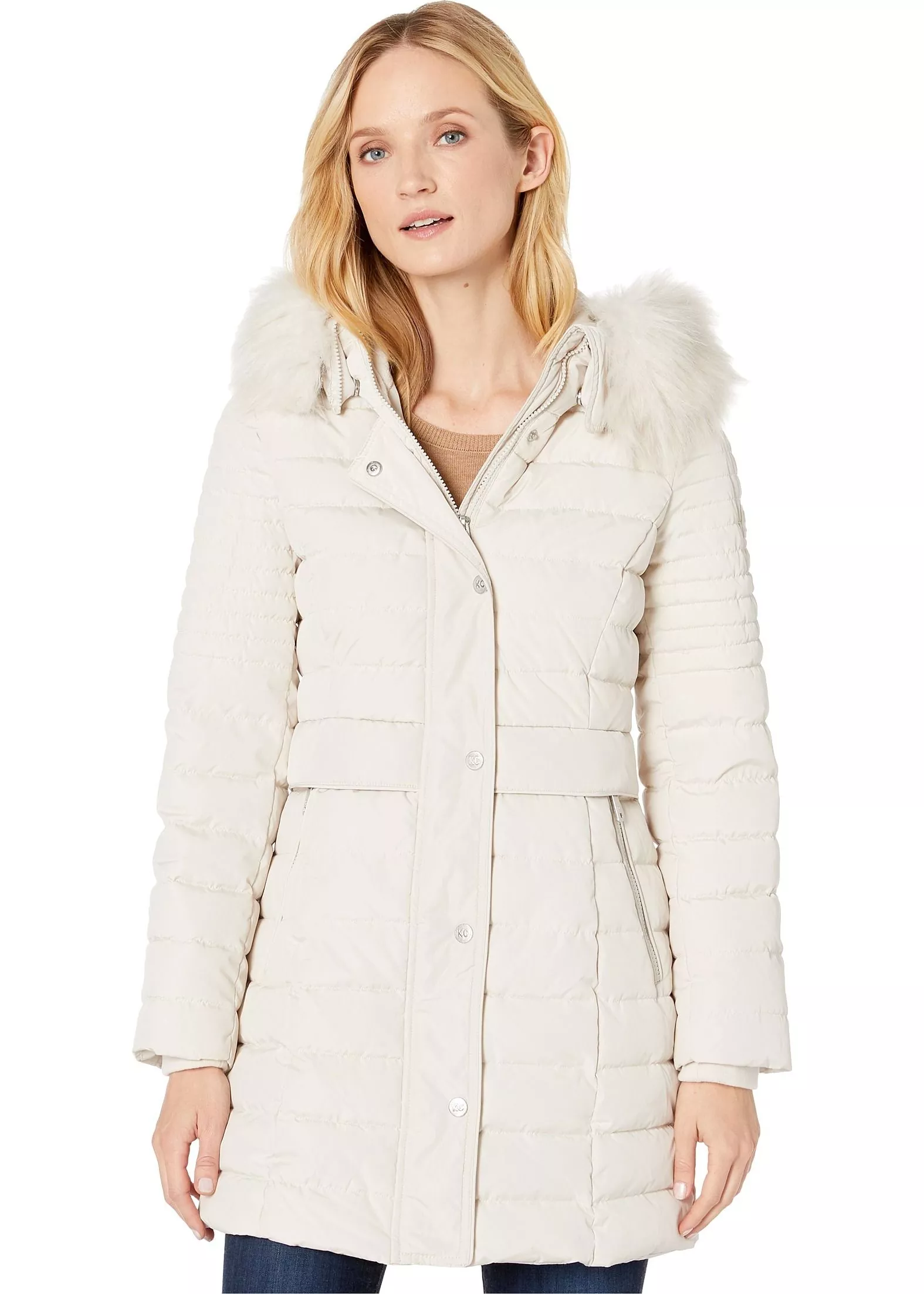 Kenneth Cole New York Quilted Puffer w/ Faux Fur Trim Frost