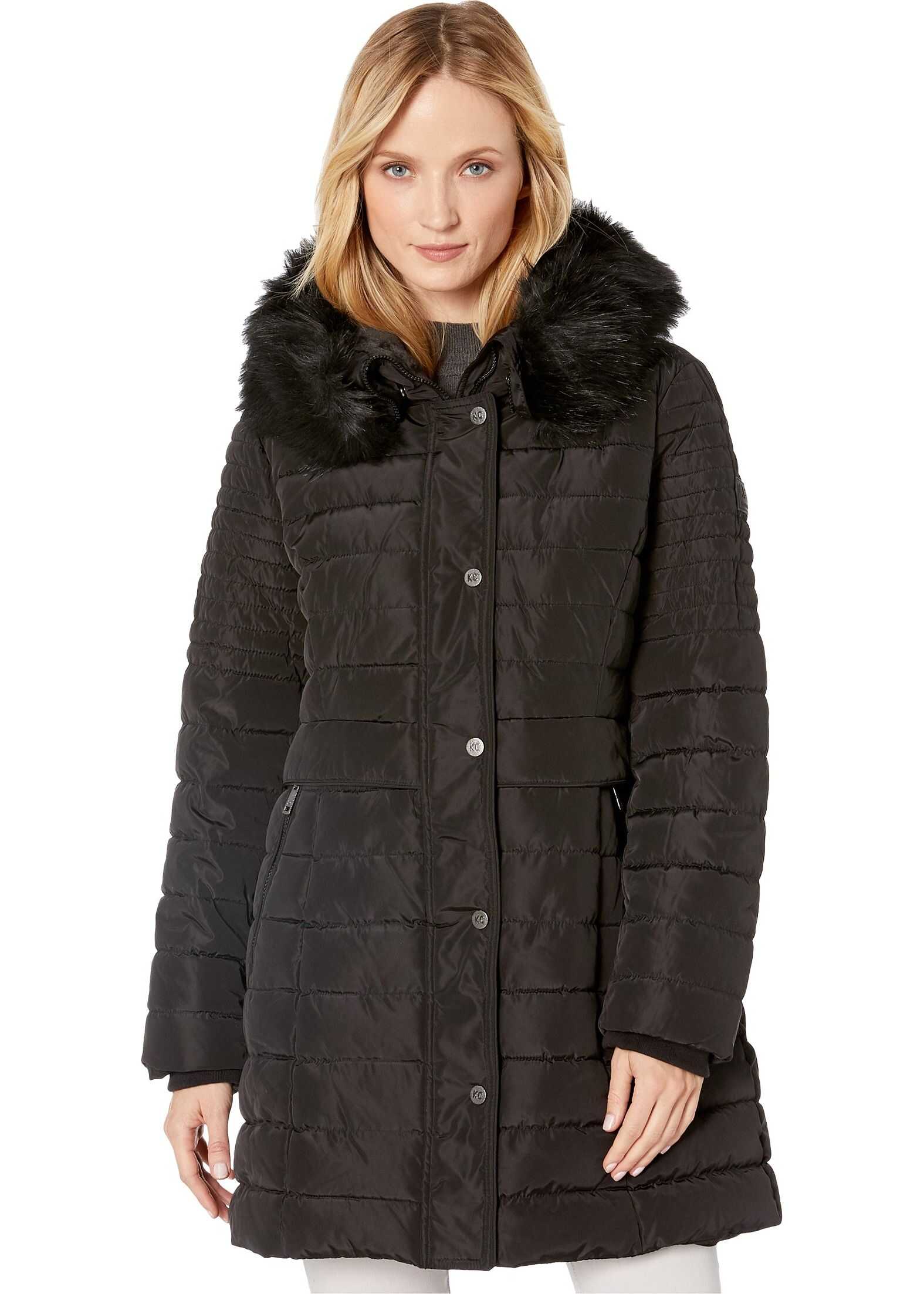 Kenneth Cole New York Quilted Puffer w/ Faux Fur Trim Black
