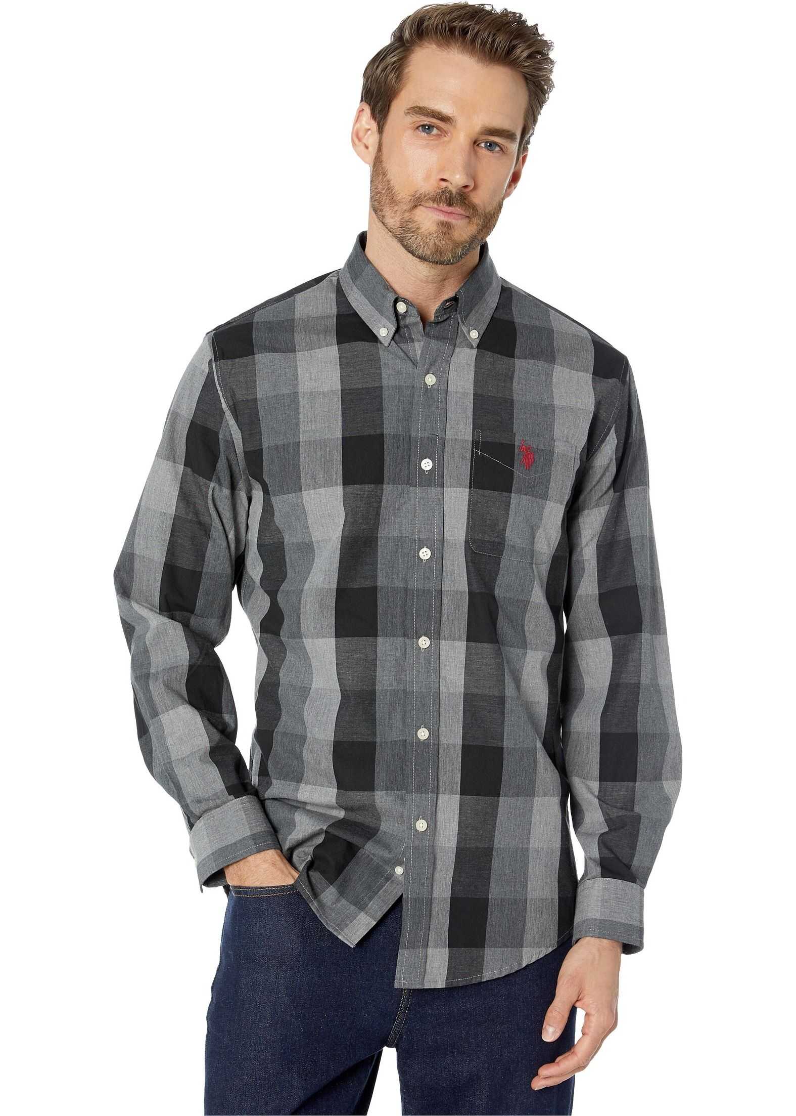 U.S. POLO ASSN. Long Sleeve Classic Fit Plaid Heather Woven Campus Gray