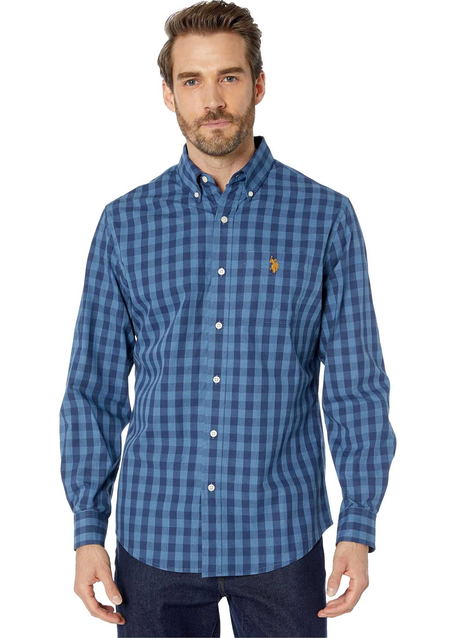 Camasa U.S. POLO ASSN. Long Sleeve Classic Fit Plaid Heather Woven Ink Blue Heather