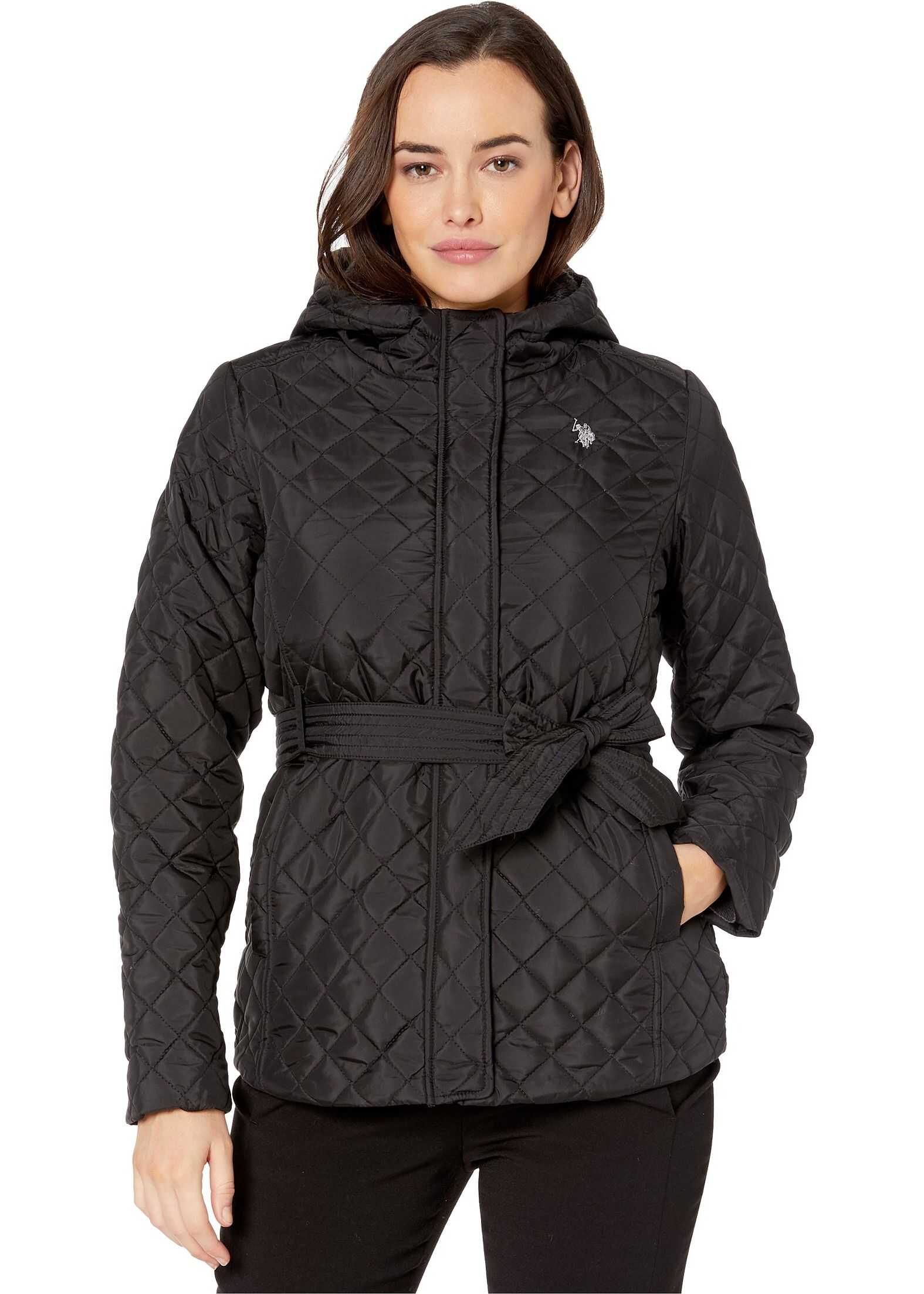 U.S. POLO ASSN. Belted Quilt Lined Jacket with Sherpa Black