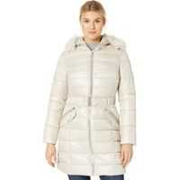 Geci de iarna Belted Lightweight Puffer w/ Welt Pockets & Faux Fur Trimmed Hood Femei