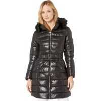 Geci de iarna Belted Lightweight Puffer w/ Welt Pockets & Faux Fur Trimmed Hood Femei