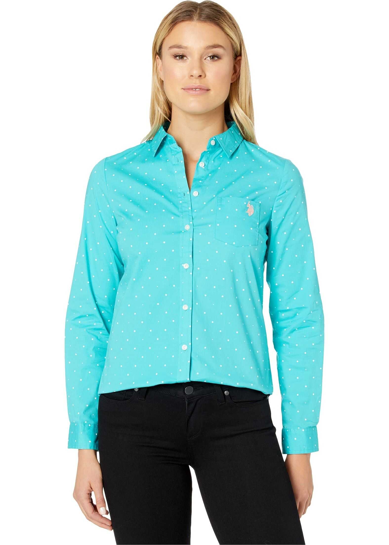 Camasa U.S. POLO ASSN. Long Sleeve Dot Stretch Poplin Shirt Astral Turquoise