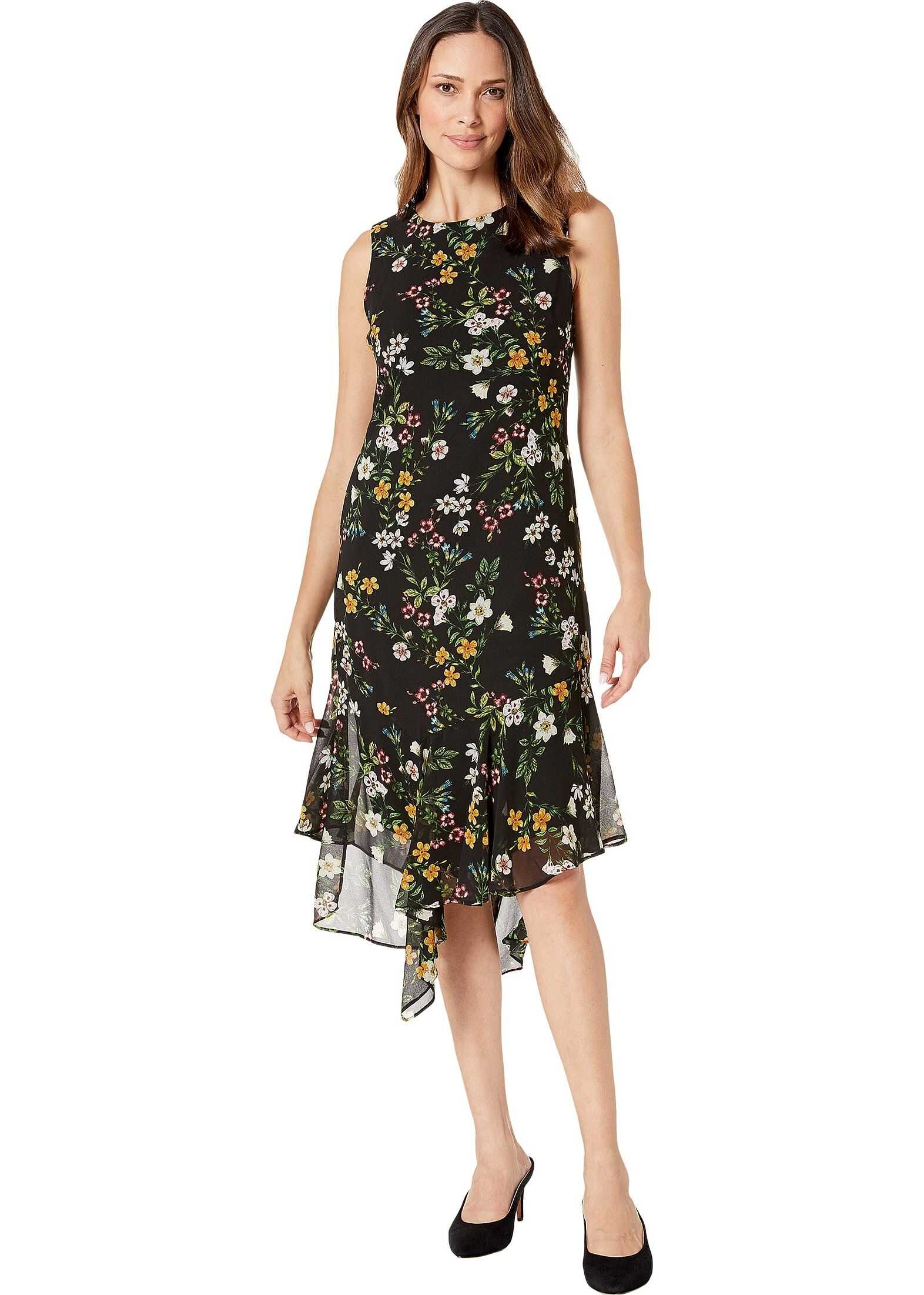 Calvin Klein Floral Print Chiffon Dress Gold Multi