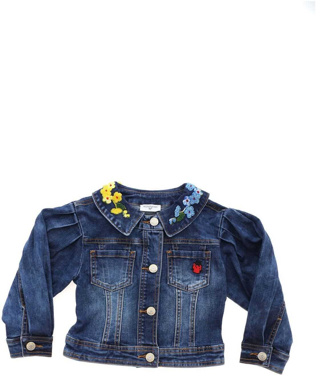 Monnalisa Blue Denim Jacket With Multicolor Embroidery Blue